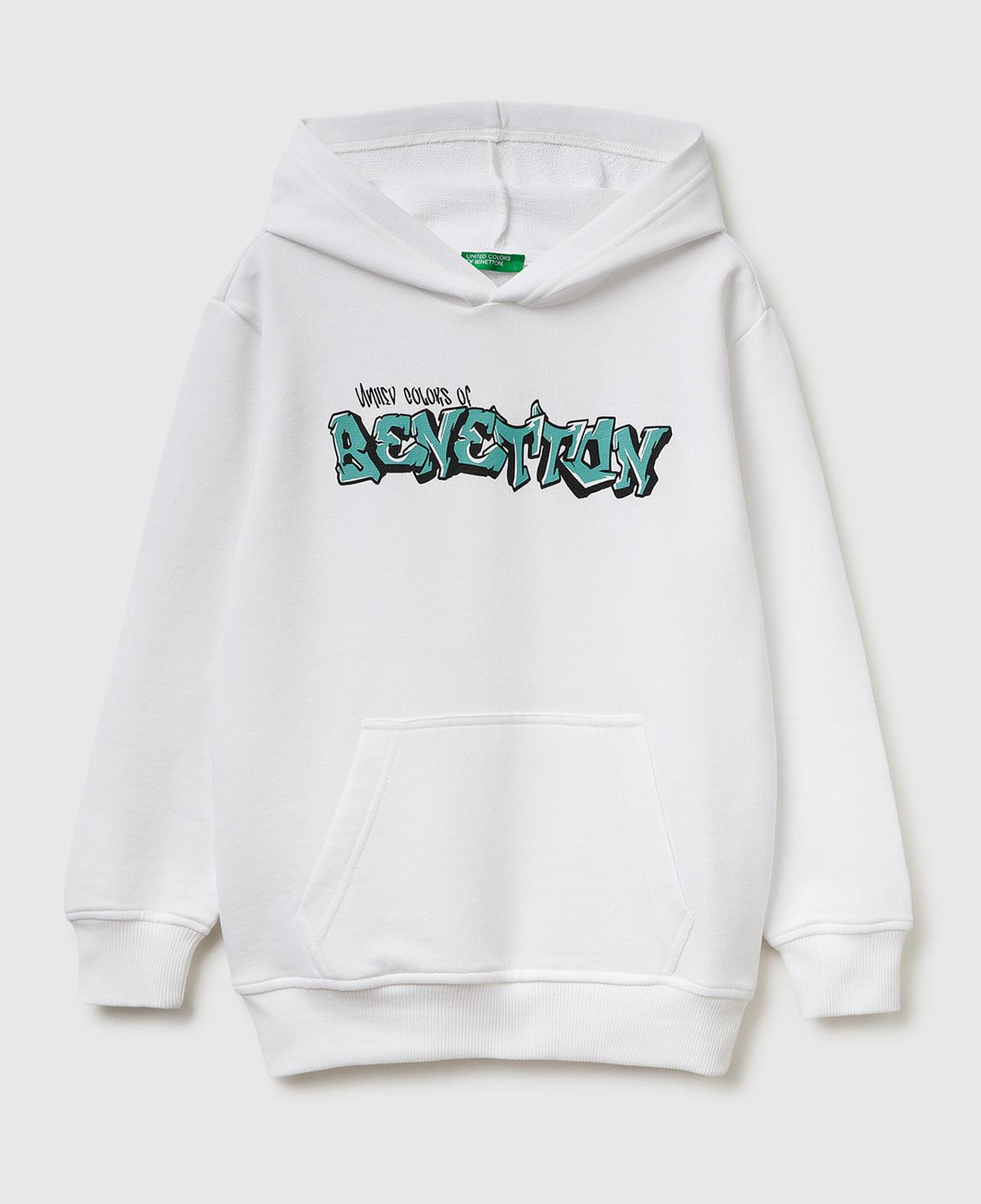 Erkek Çocuk Beyaz Önü Logo Baskılı Kanguru Cepli Kapüşonlu Sweatshirt
