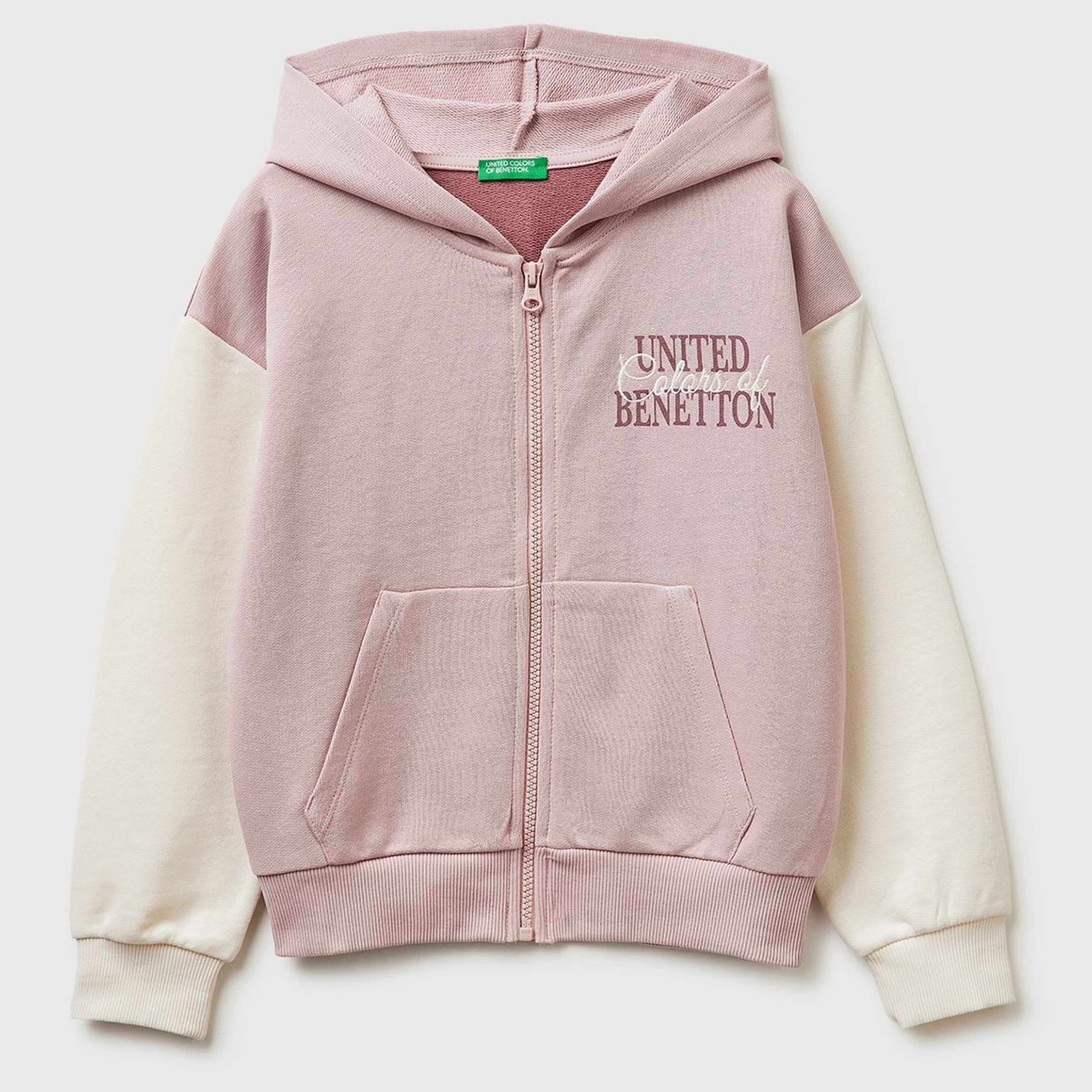 Kız Çocuk Gül Kurusu Simli Logolu Fermuarlı Cepli Kapüşonlu Yüksek Yaka Sweatshirt
