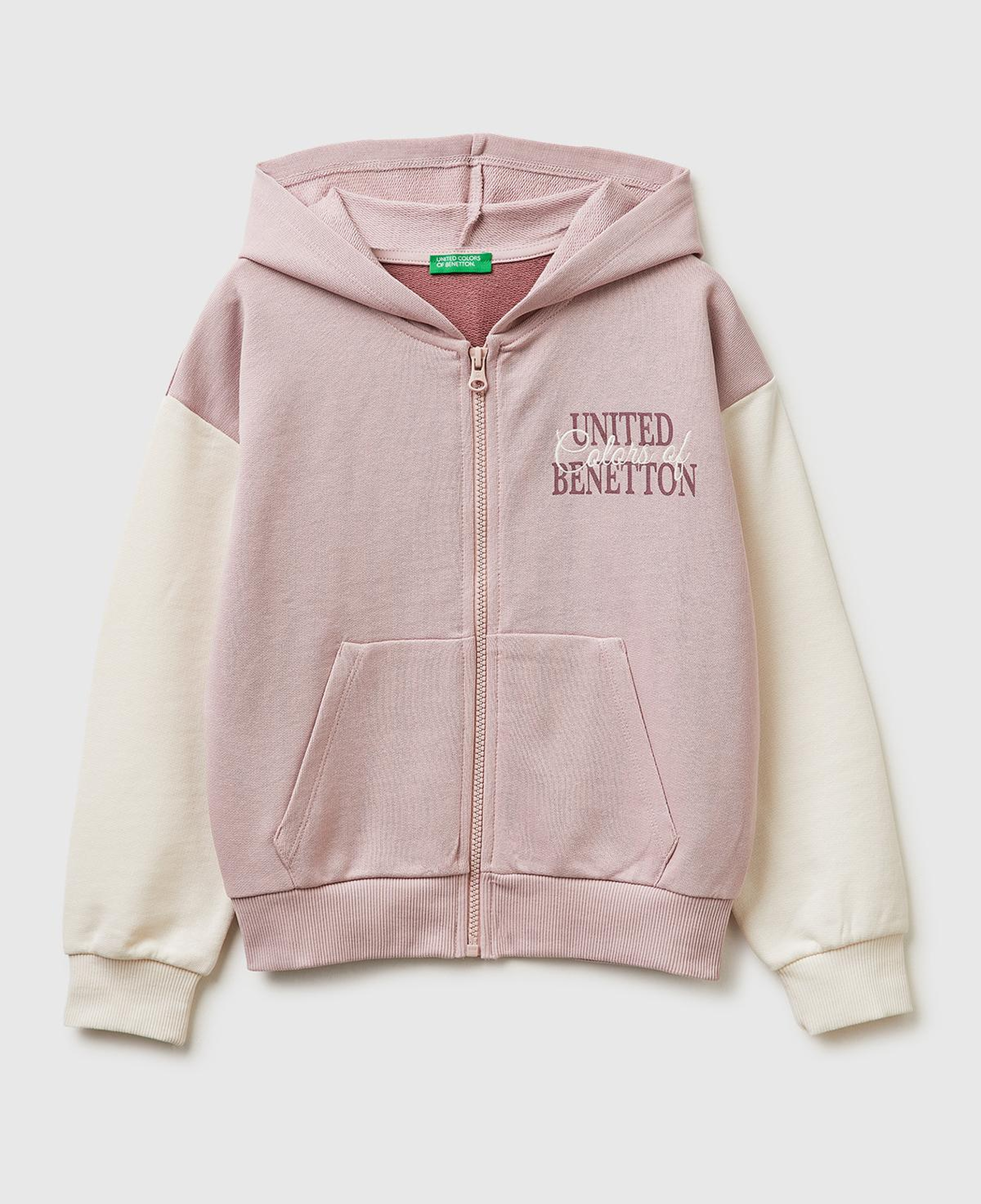 Kız Çocuk Gül Kurusu Simli Logolu Fermuarlı Cepli Kapüşonlu Yüksek Yaka Sweatshirt