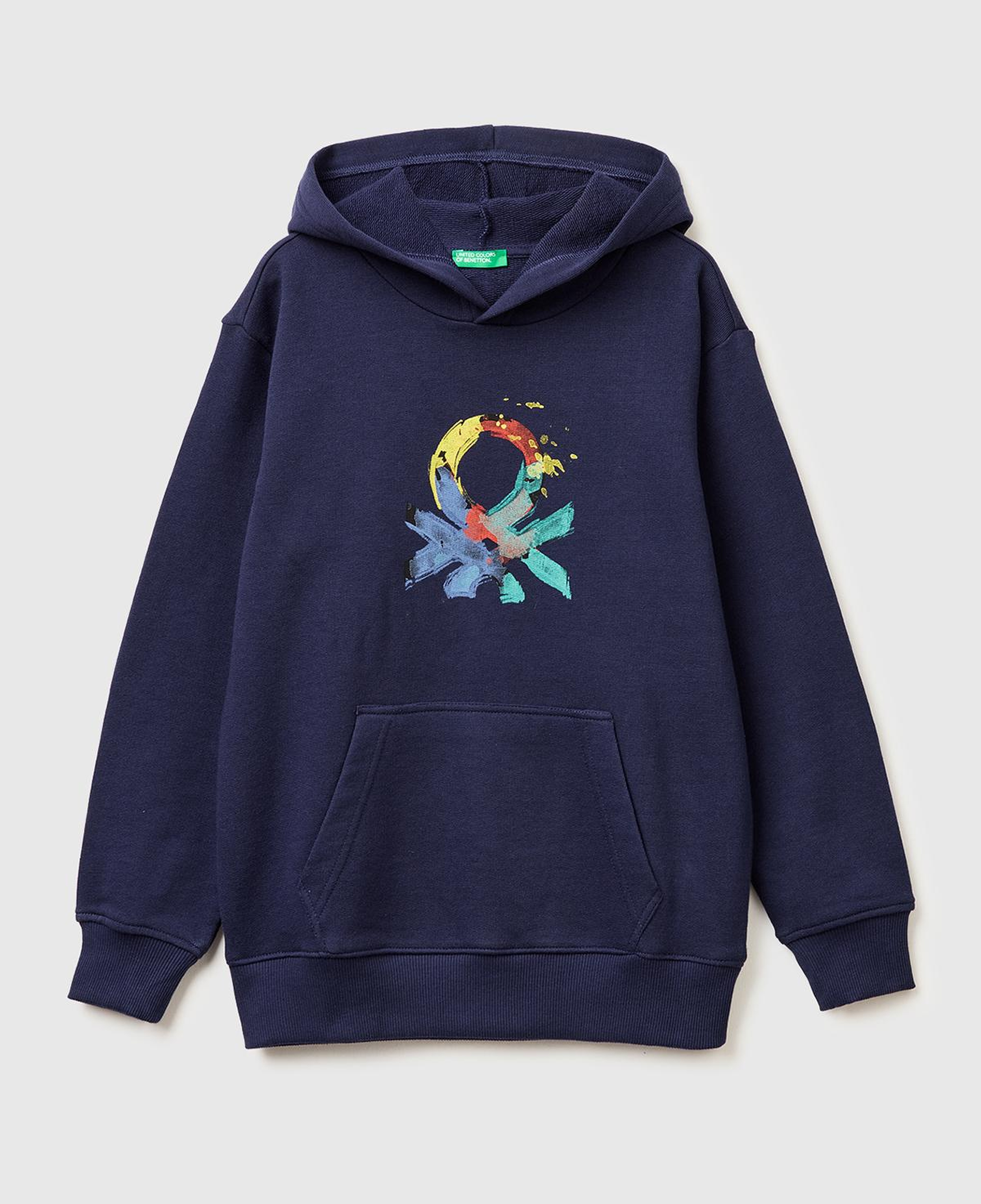 Erkek Çocuk Lacivert Önü Logo Baskılı Kanguru Cepli Kapüşonlu Sweatshirt
