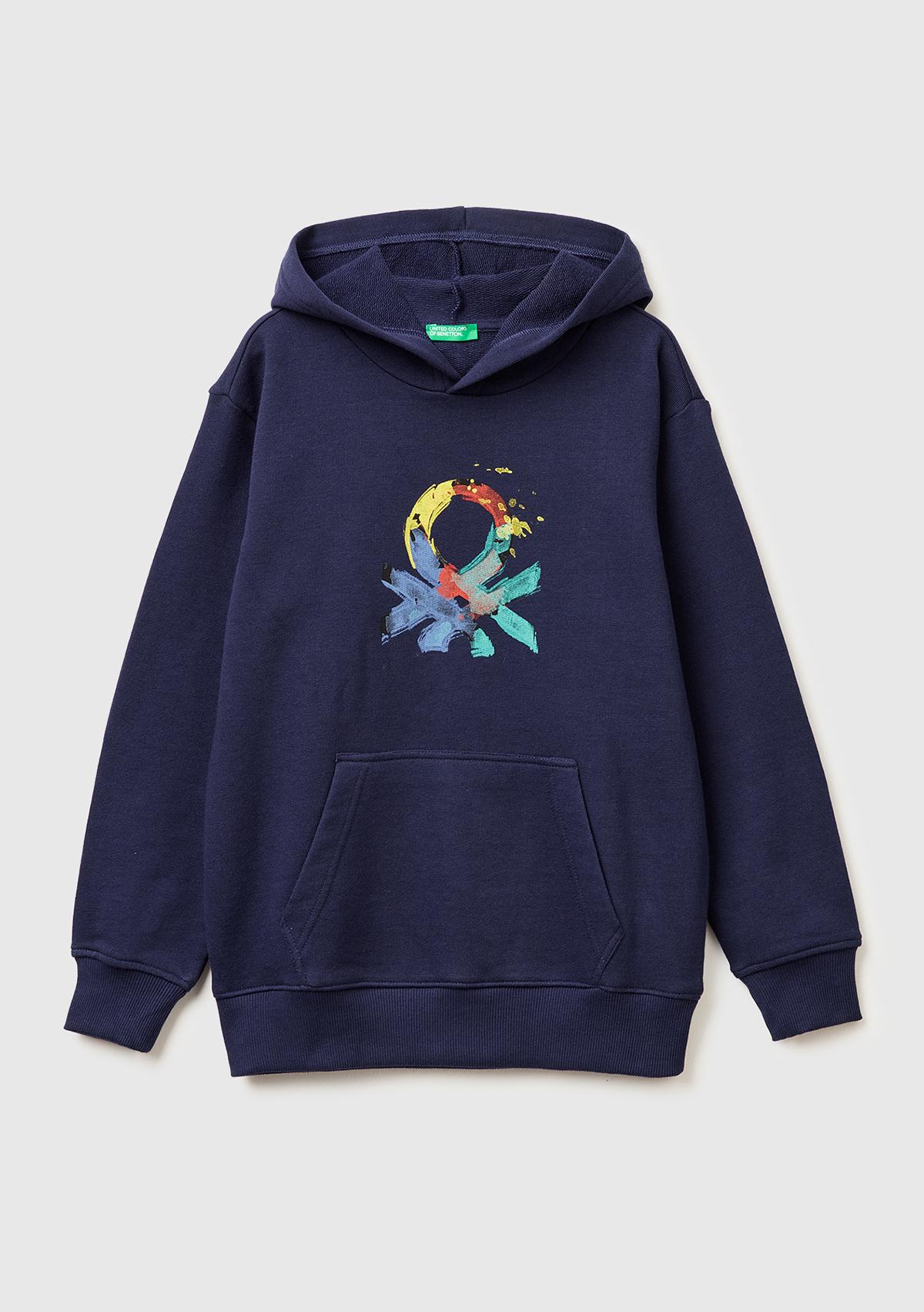 Erkek Çocuk Lacivert Önü Logo Baskılı Kanguru Cepli Kapüşonlu Sweatshirt