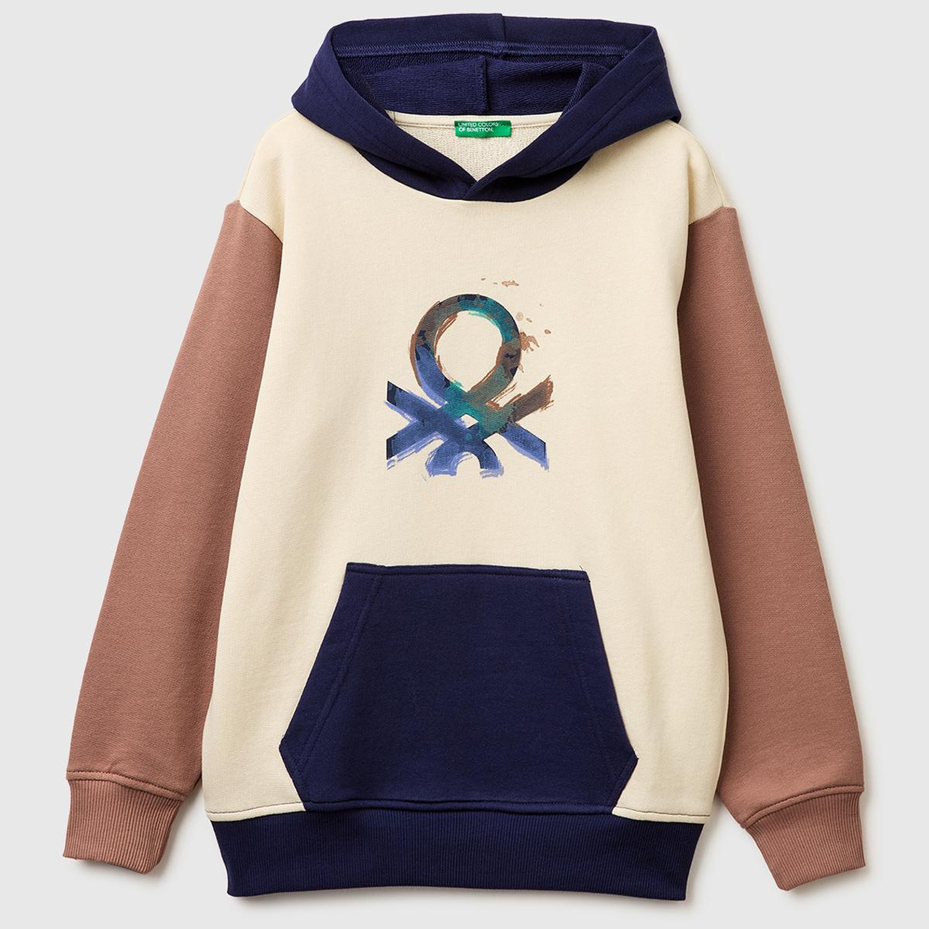 Erkek Çocuk Bej Mix Önü Logo Baskılı Kanguru Cepli Kapüşonlu Sweatshirt