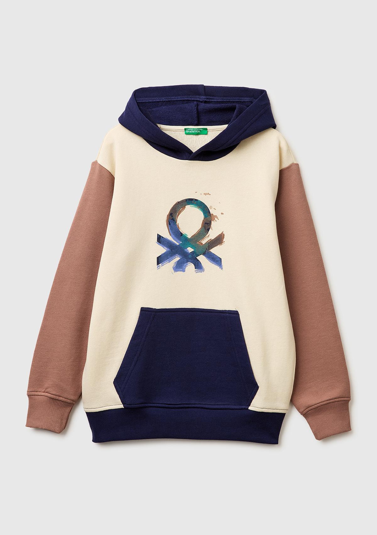 Erkek Çocuk Bej Mix Önü Logo Baskılı Kanguru Cepli Kapüşonlu Sweatshirt