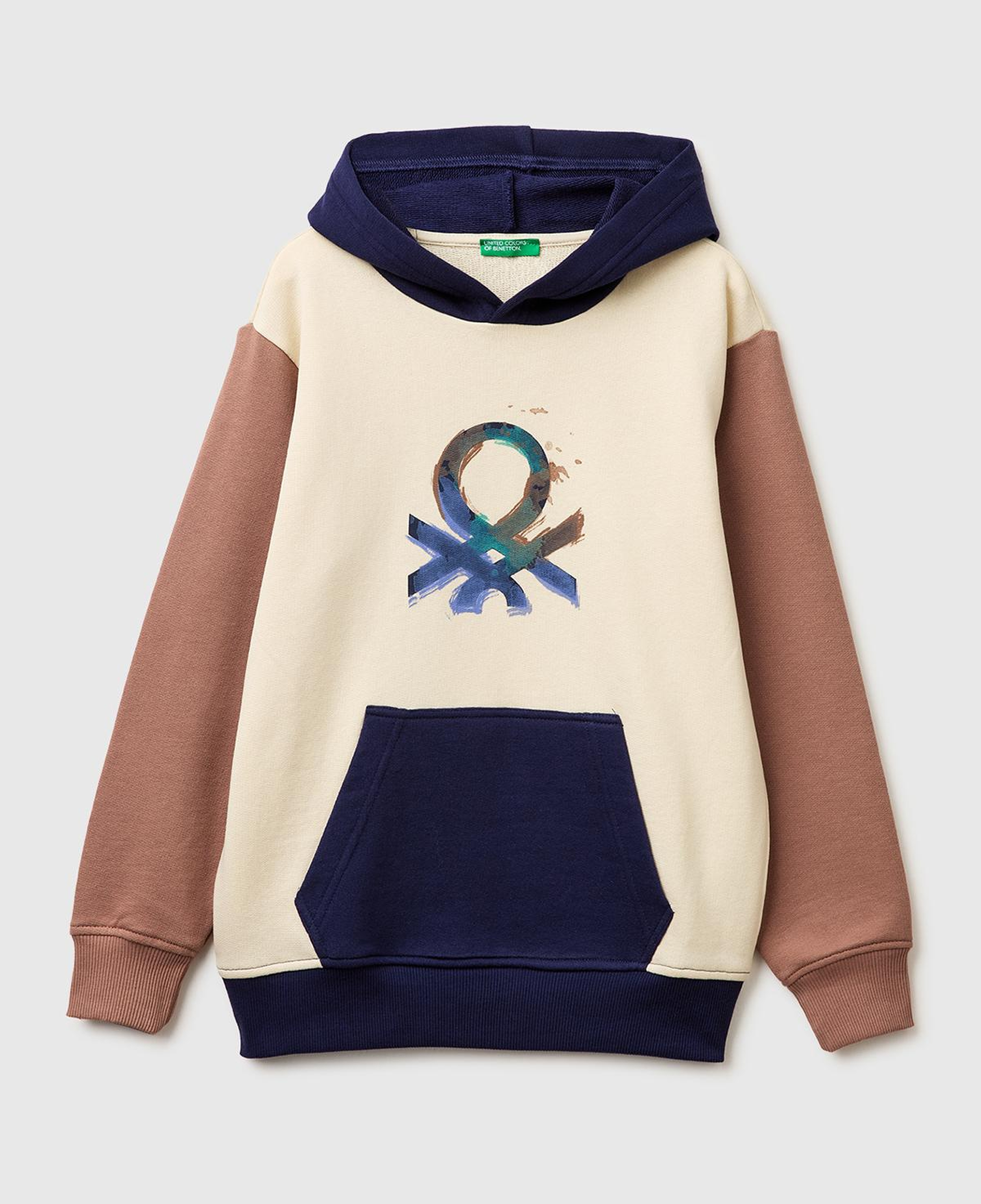 Erkek Çocuk Bej Mix Önü Logo Baskılı Kanguru Cepli Kapüşonlu Sweatshirt