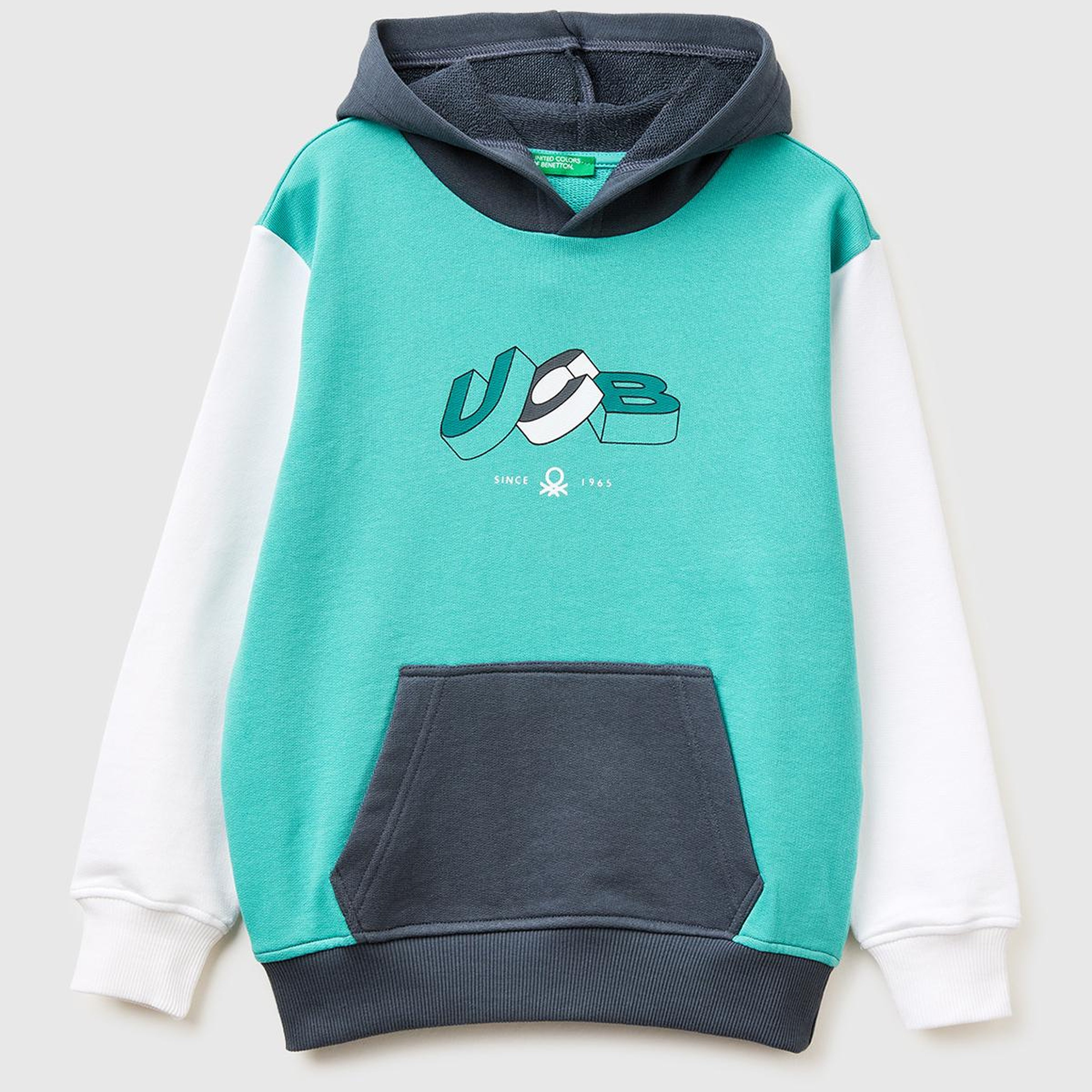 Erkek Çocuk Turkuaz Mix Önü Logo Baskılı Kanguru Cepli Kapüşonlu Sweatshirt