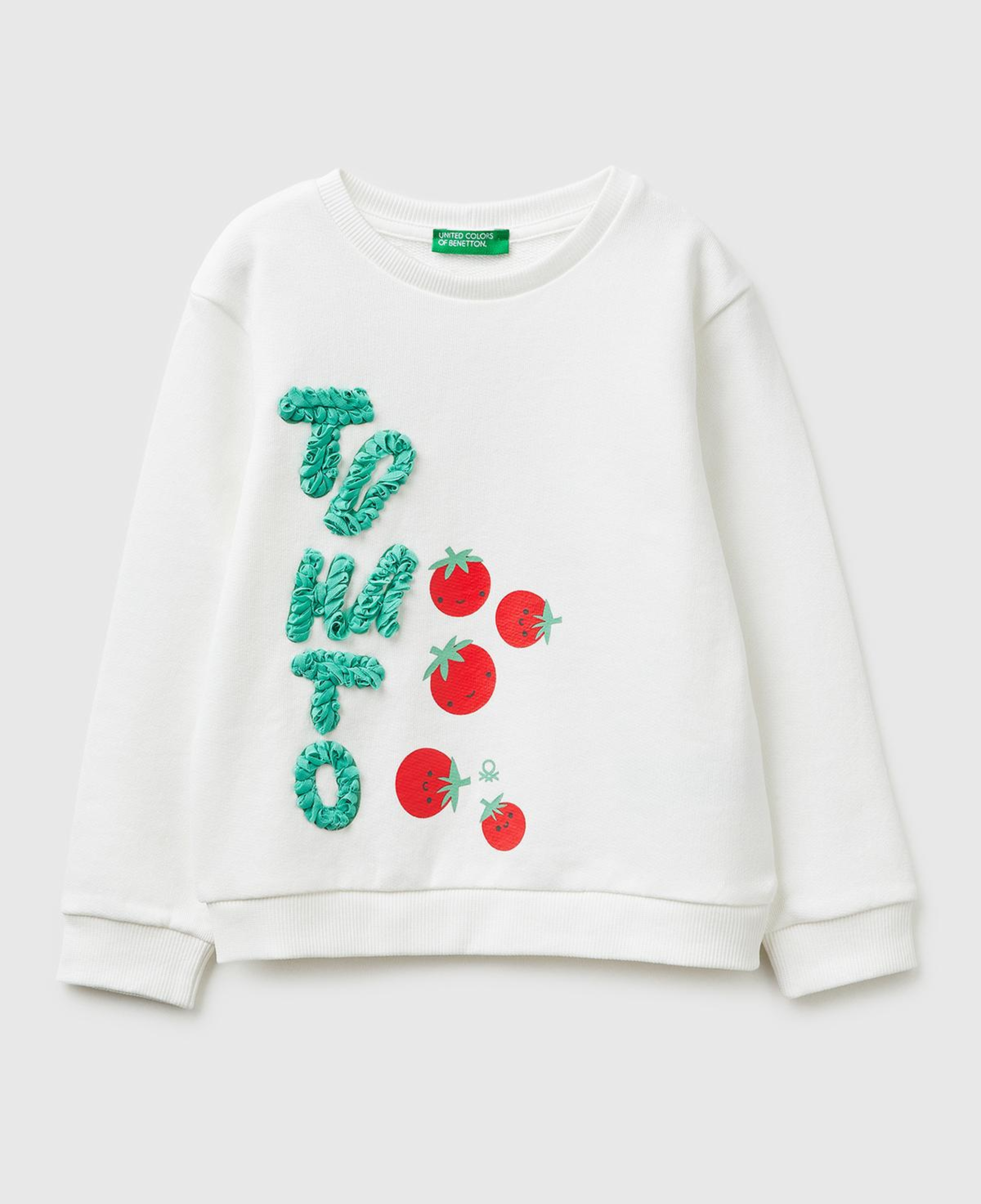 Kız Çocuk Beyaz Baskılı İşlemeli Bisiklet Yaka Sweatshirt