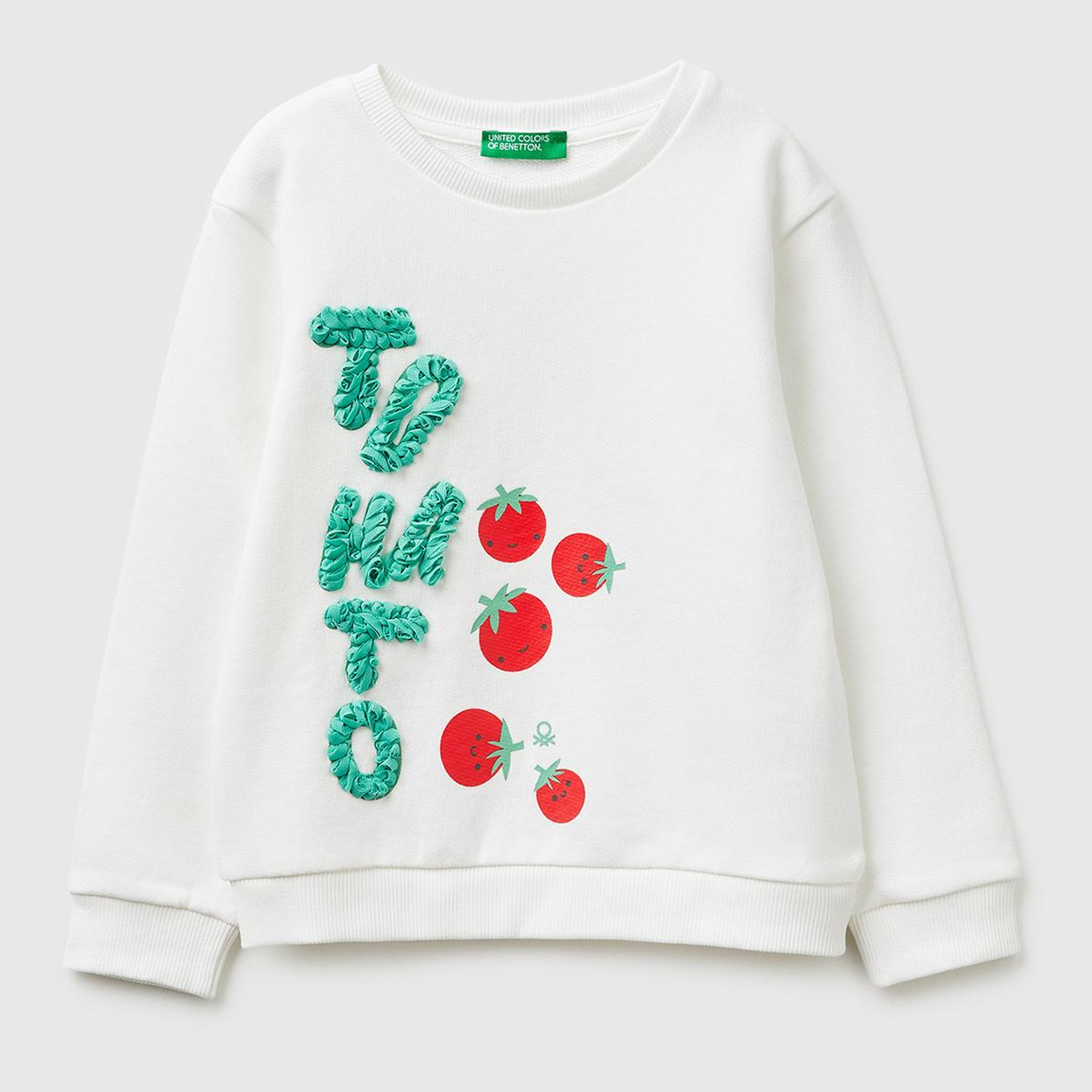 Kız Çocuk Beyaz Baskılı İşlemeli Bisiklet Yaka Sweatshirt