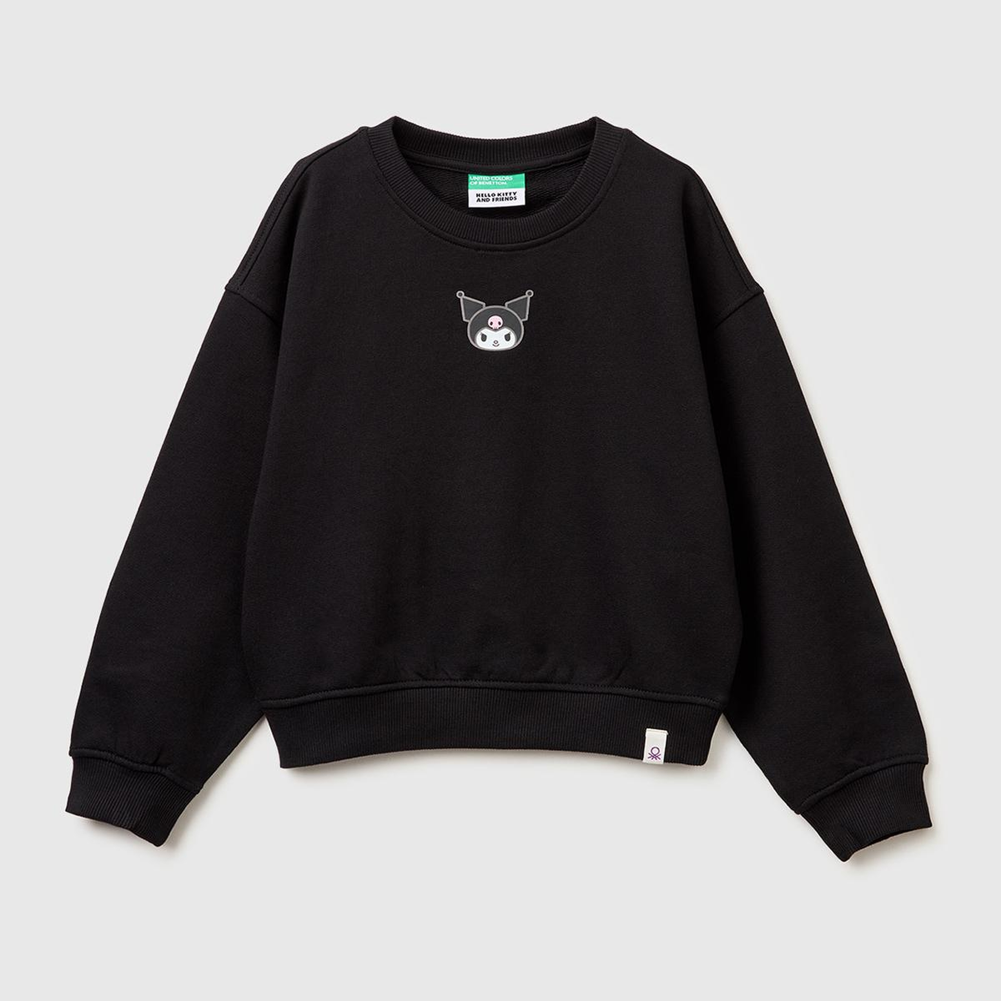 Kız Çocuk Siyah Önü ve Arkası Baskılı Etek Ucu Logolu Bisiklet Yaka Sweatshirt