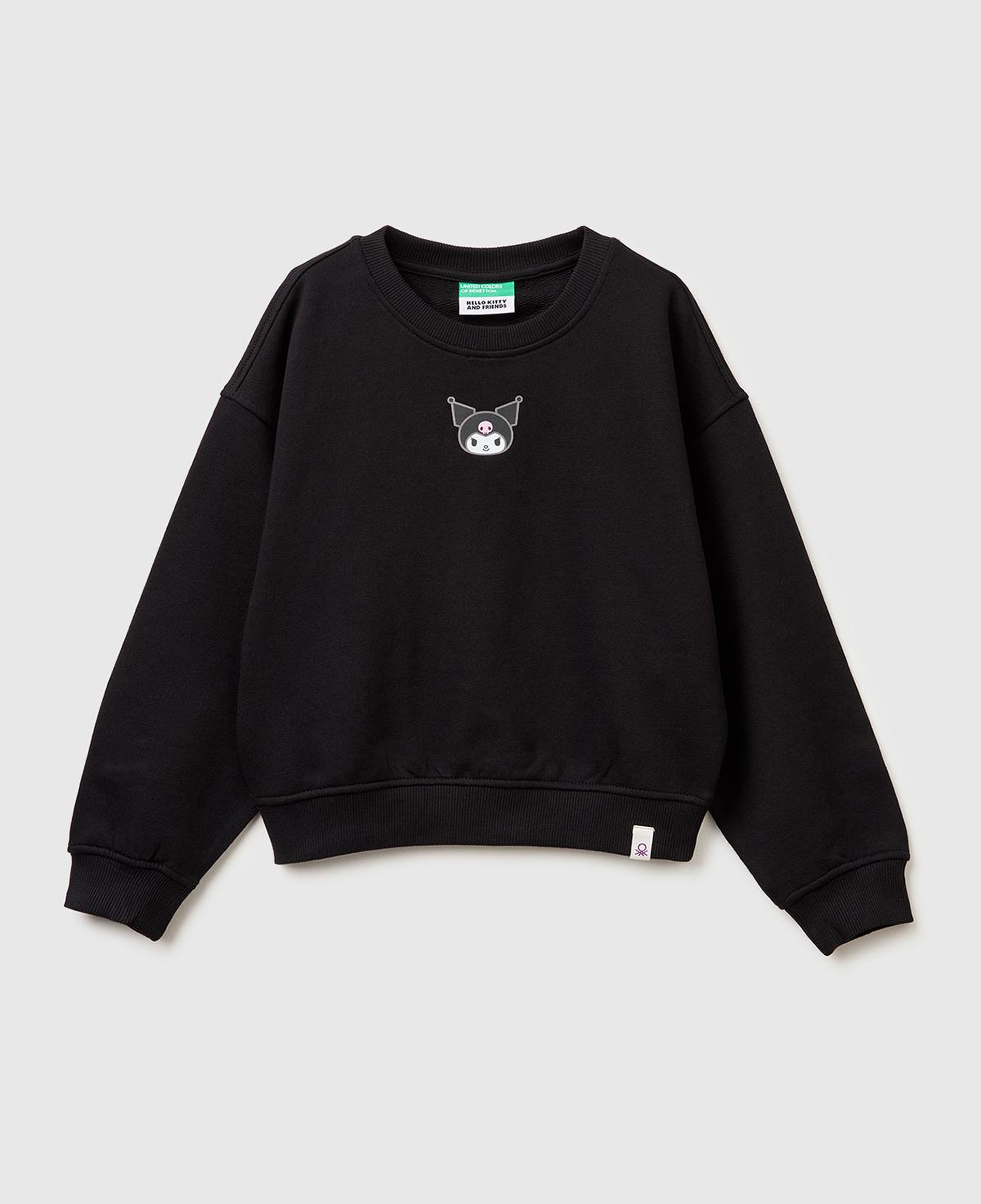 Kız Çocuk Siyah Önü ve Arkası Baskılı Etek Ucu Logolu Bisiklet Yaka Sweatshirt