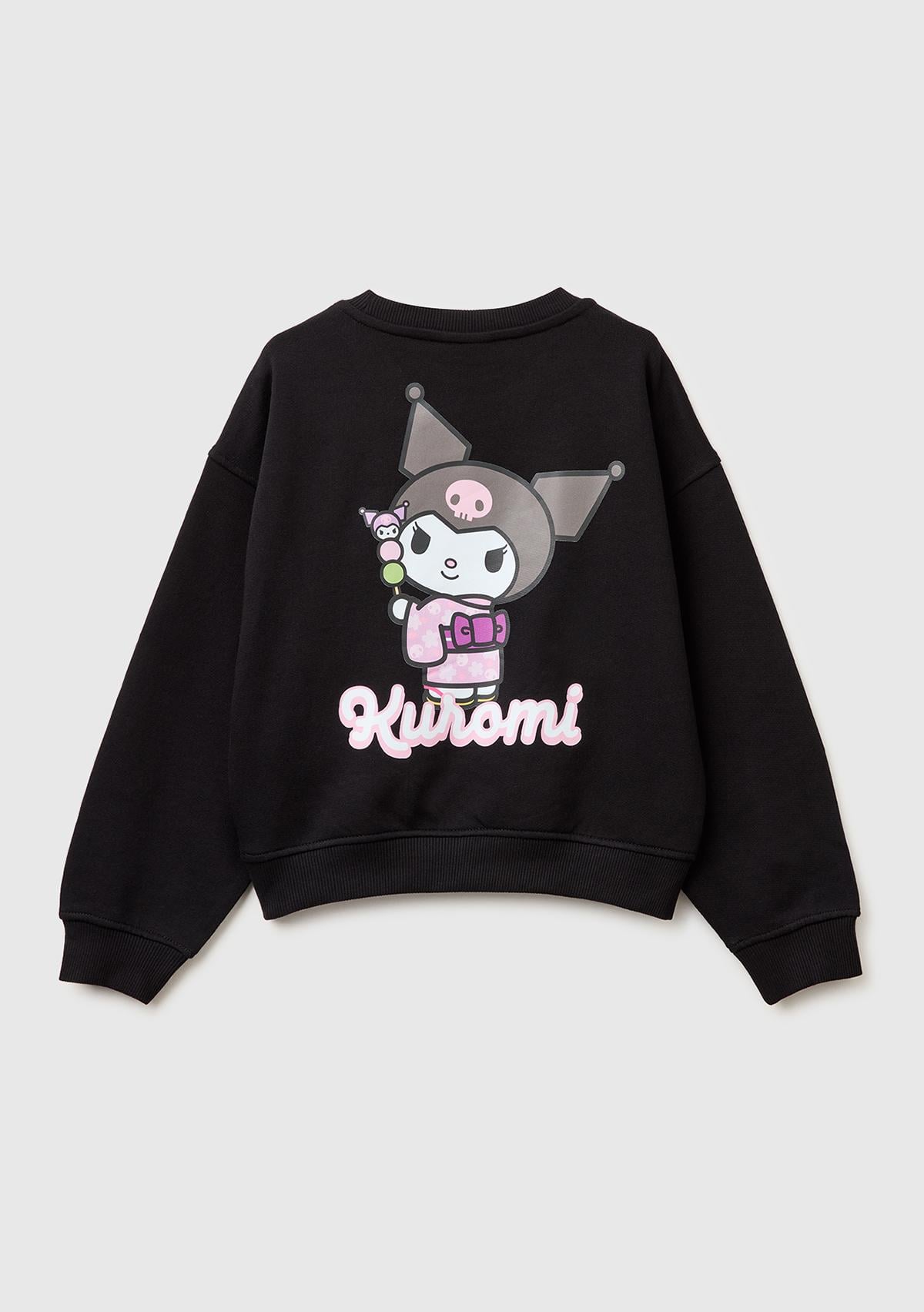 Kız Çocuk Siyah Önü ve Arkası Baskılı Etek Ucu Logolu Bisiklet Yaka Sweatshirt