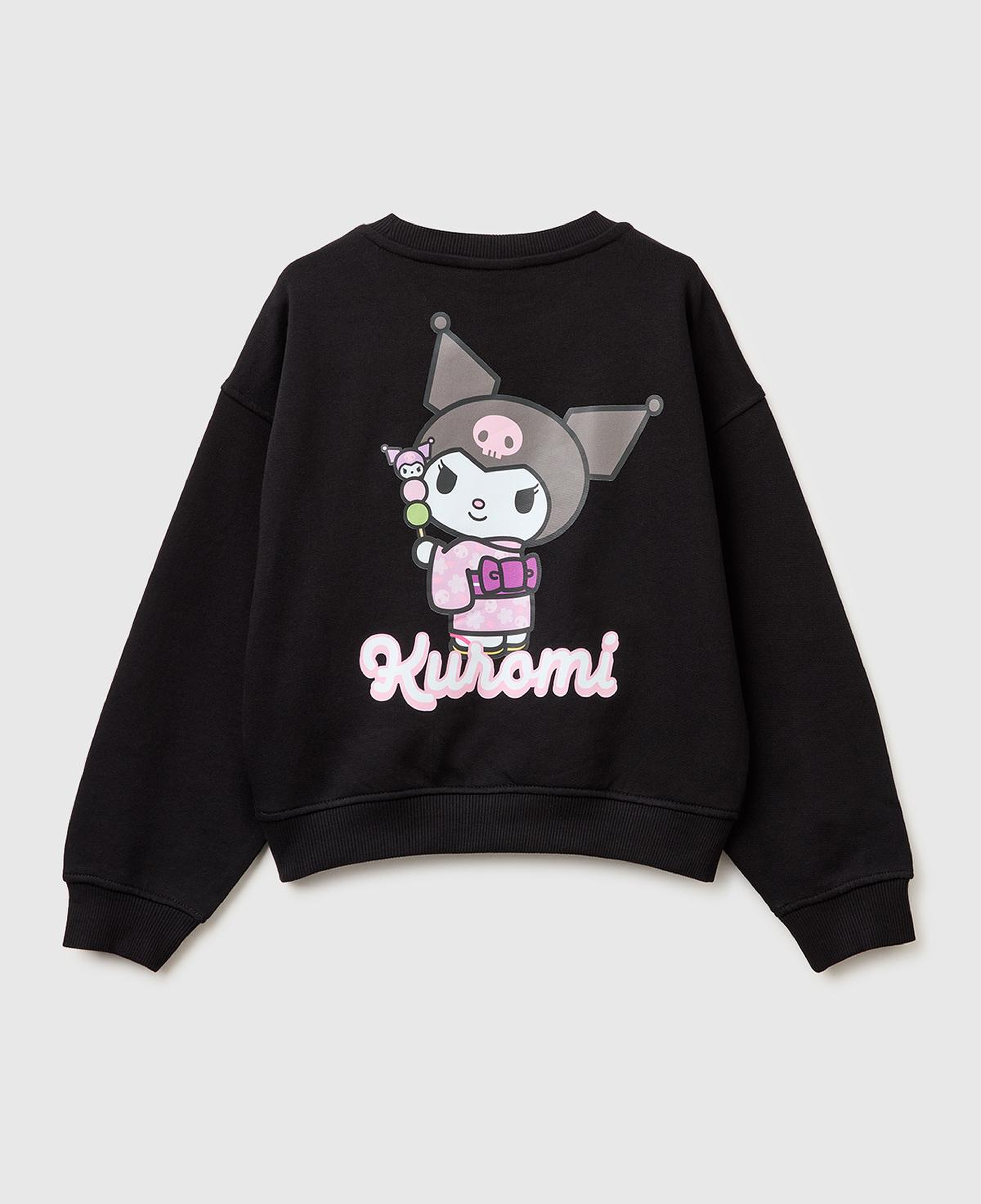 Kız Çocuk Siyah Önü ve Arkası Baskılı Etek Ucu Logolu Bisiklet Yaka Sweatshirt