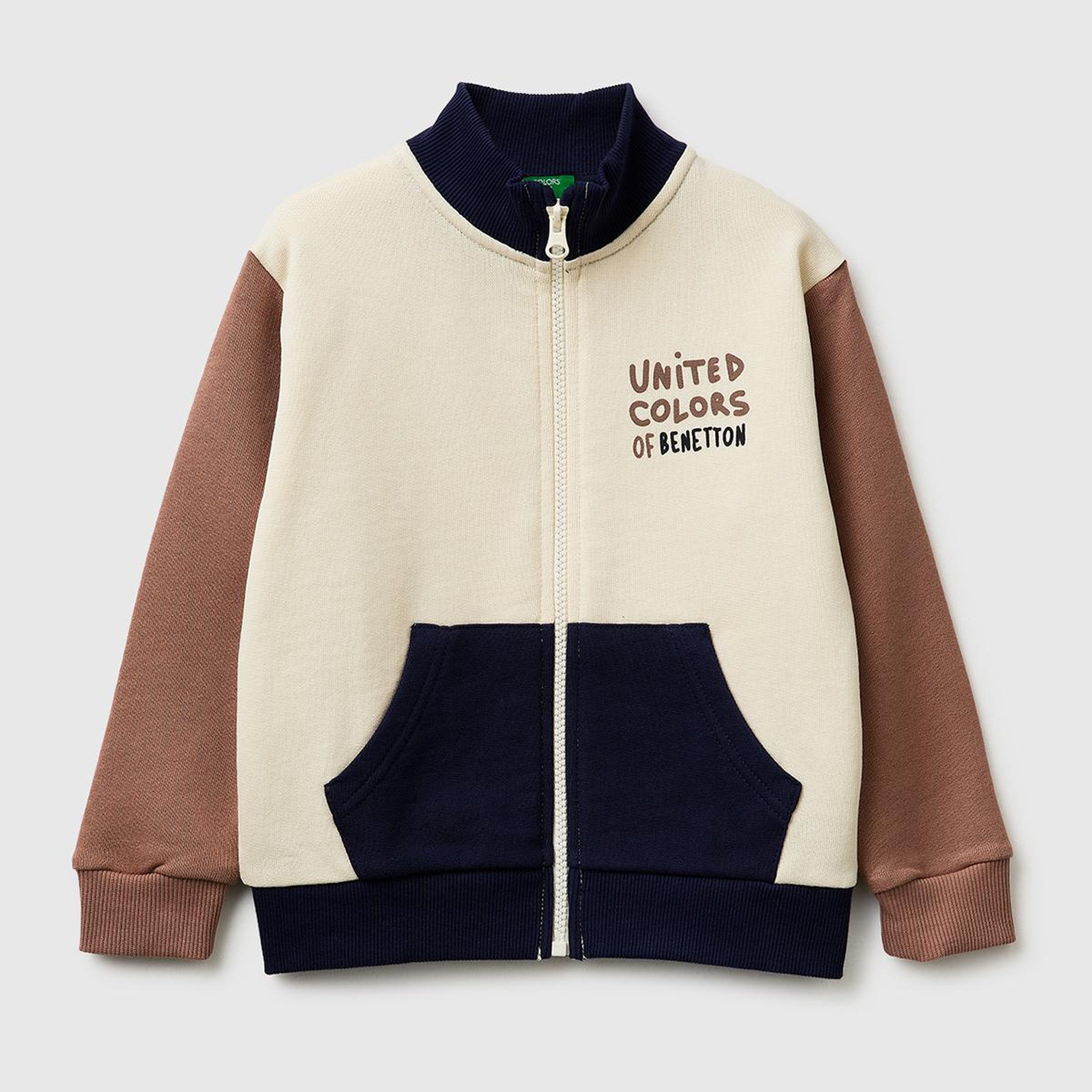 Erkek Çocuk Krem Mix Logo Baskılı Cepli Fermuarlı Dik Yaka Sweatshirt