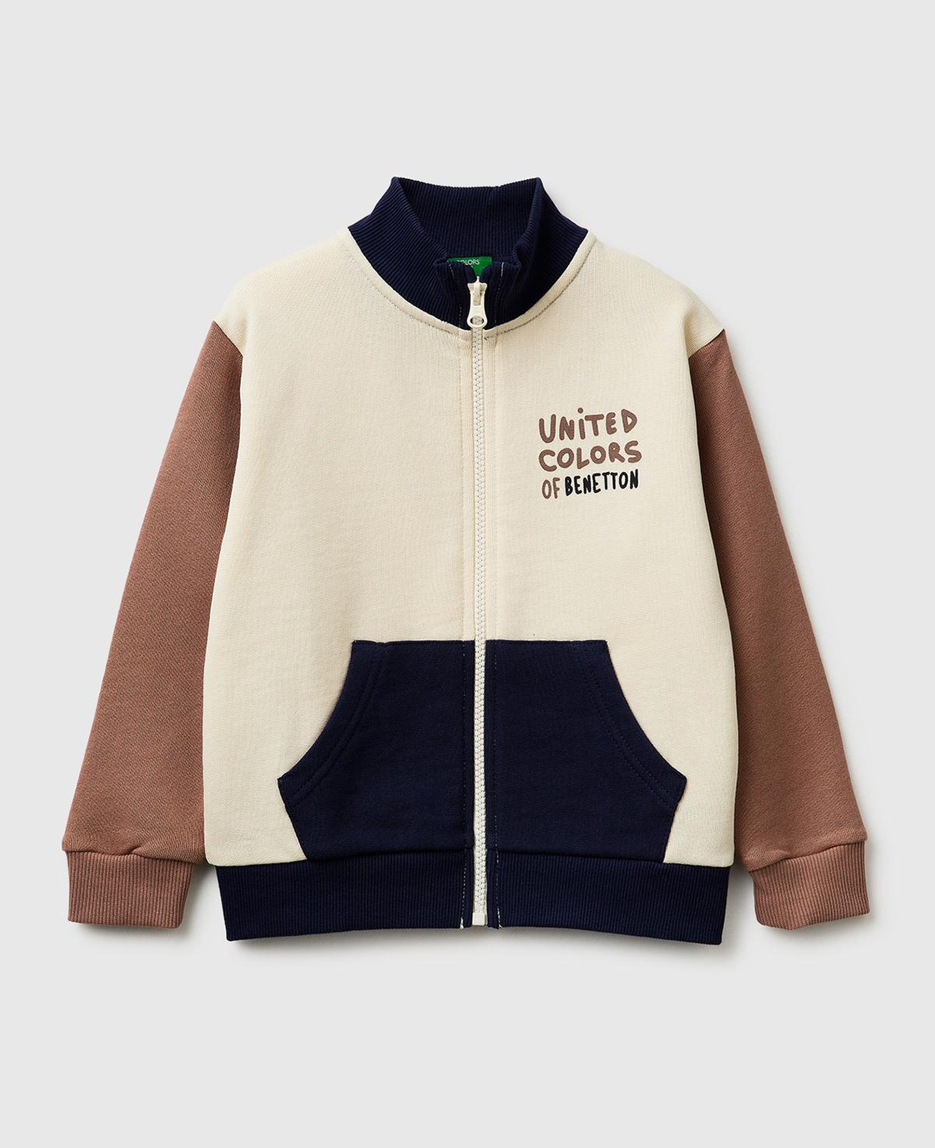Erkek Çocuk Krem Mix Logo Baskılı Cepli Fermuarlı Dik Yaka Sweatshirt