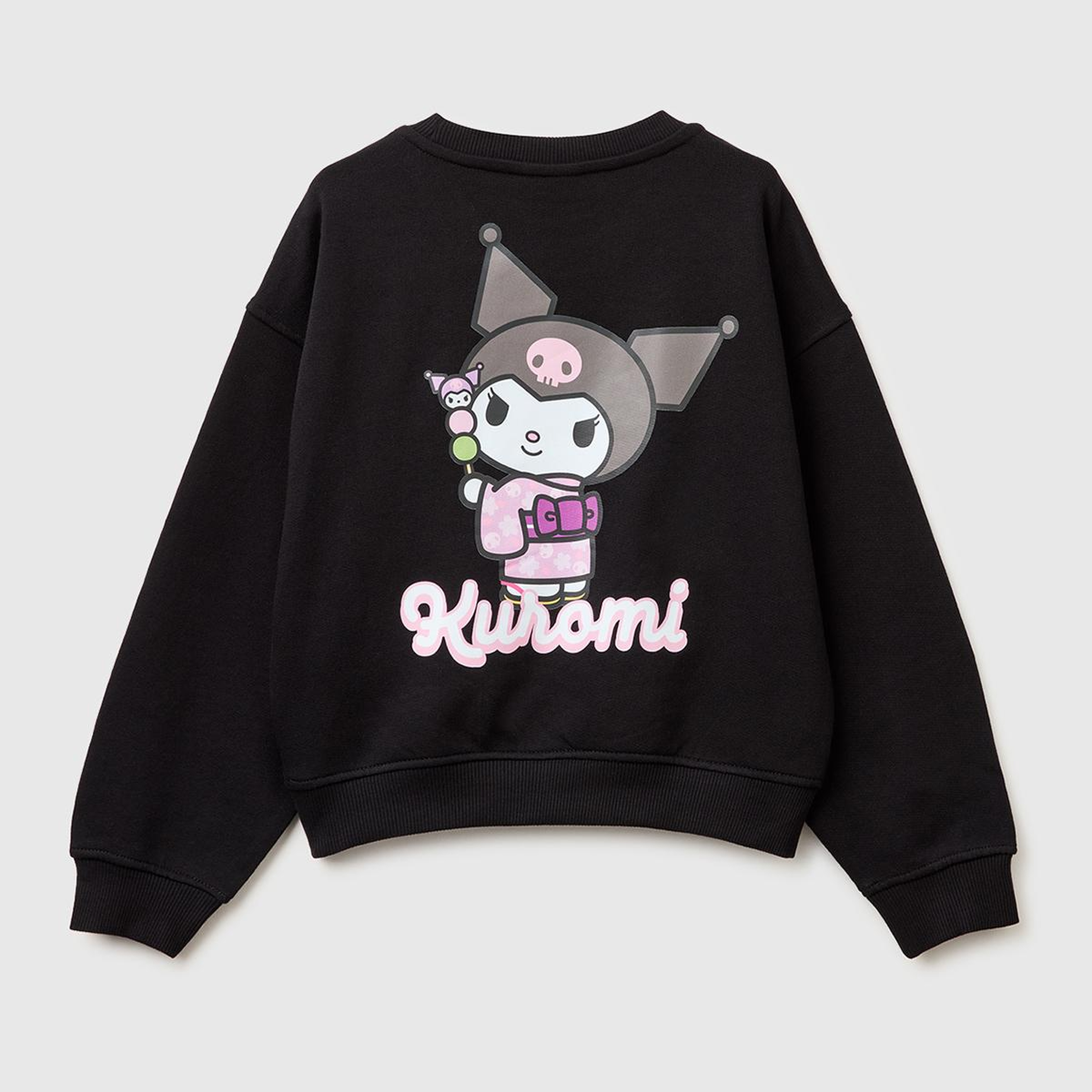 Kız Çocuk Siyah Önü ve Arkası Baskılı Etek Ucu Logolu Bisiklet Yaka Sweatshirt