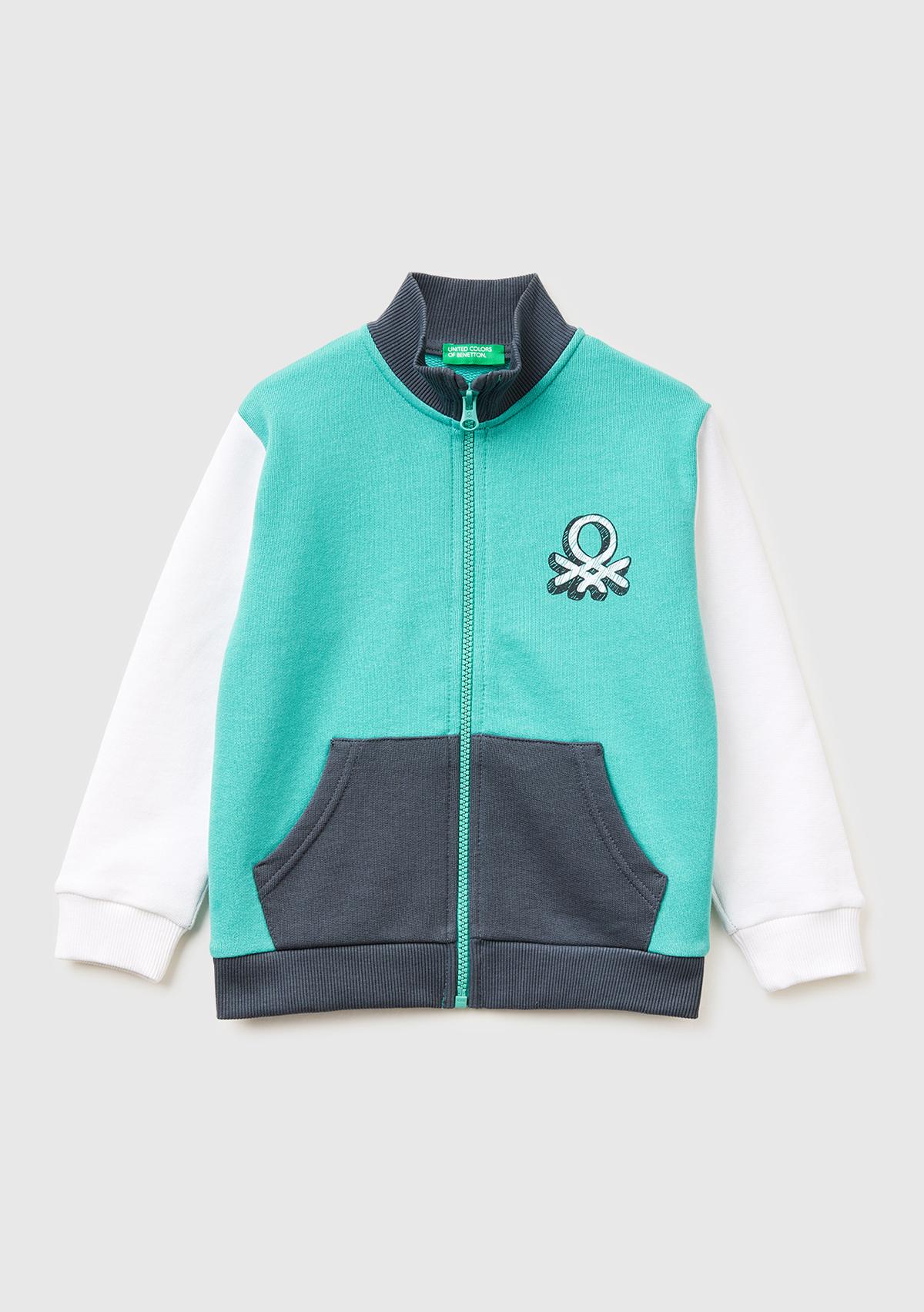 Erkek Çocuk Turkuaz Mix Logo Baskılı Cepli Fermuarlı Dik Yaka Sweatshirt