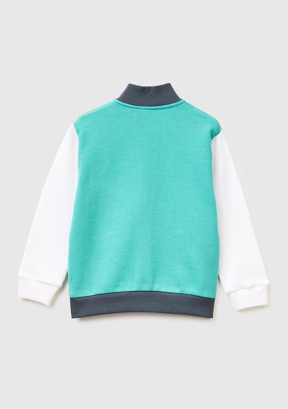Erkek Çocuk Turkuaz Mix Logo Baskılı Cepli Fermuarlı Dik Yaka Sweatshirt