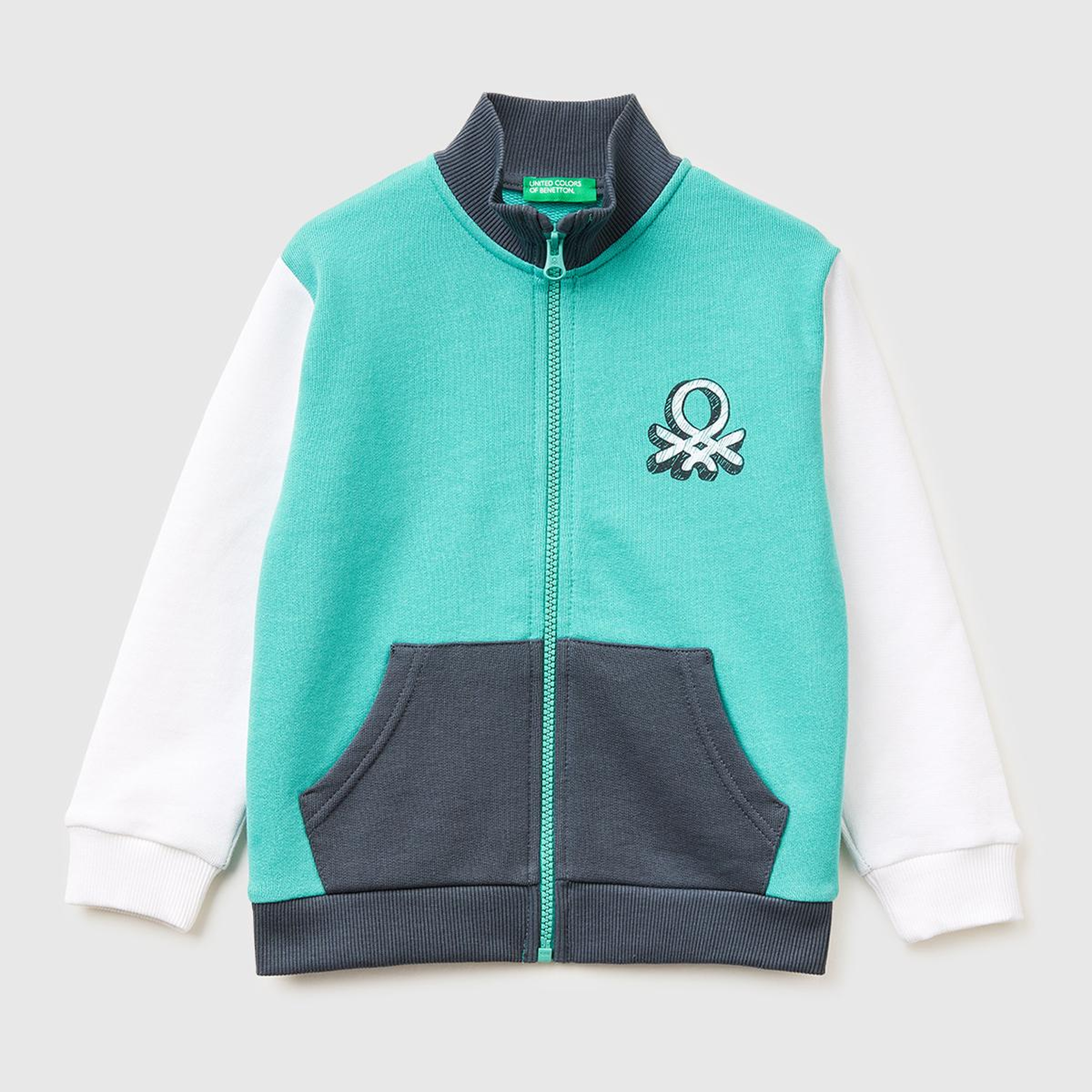 Erkek Çocuk Turkuaz Mix Logo Baskılı Cepli Fermuarlı Dik Yaka Sweatshirt