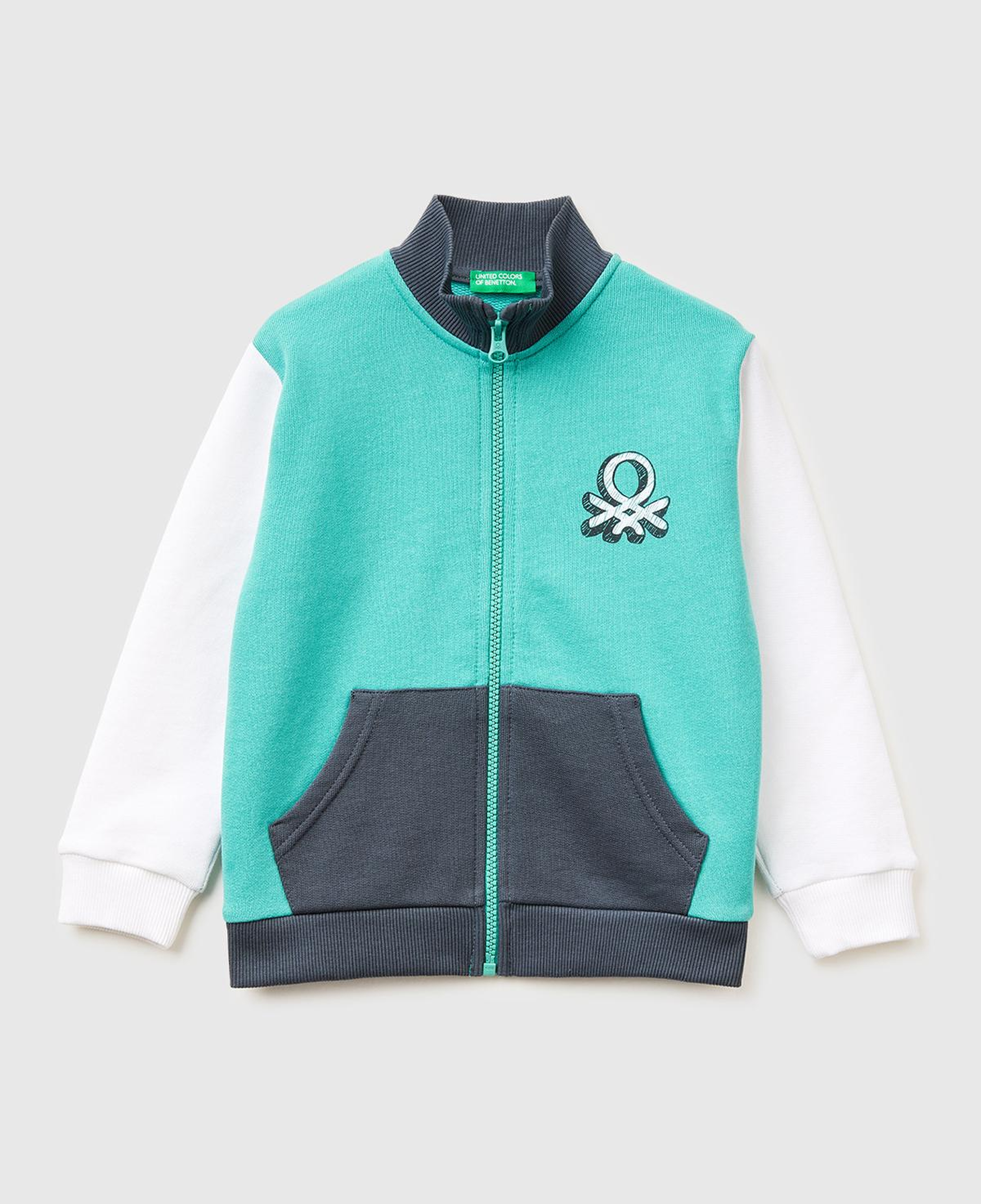 Erkek Çocuk Turkuaz Mix Logo Baskılı Cepli Fermuarlı Dik Yaka Sweatshirt