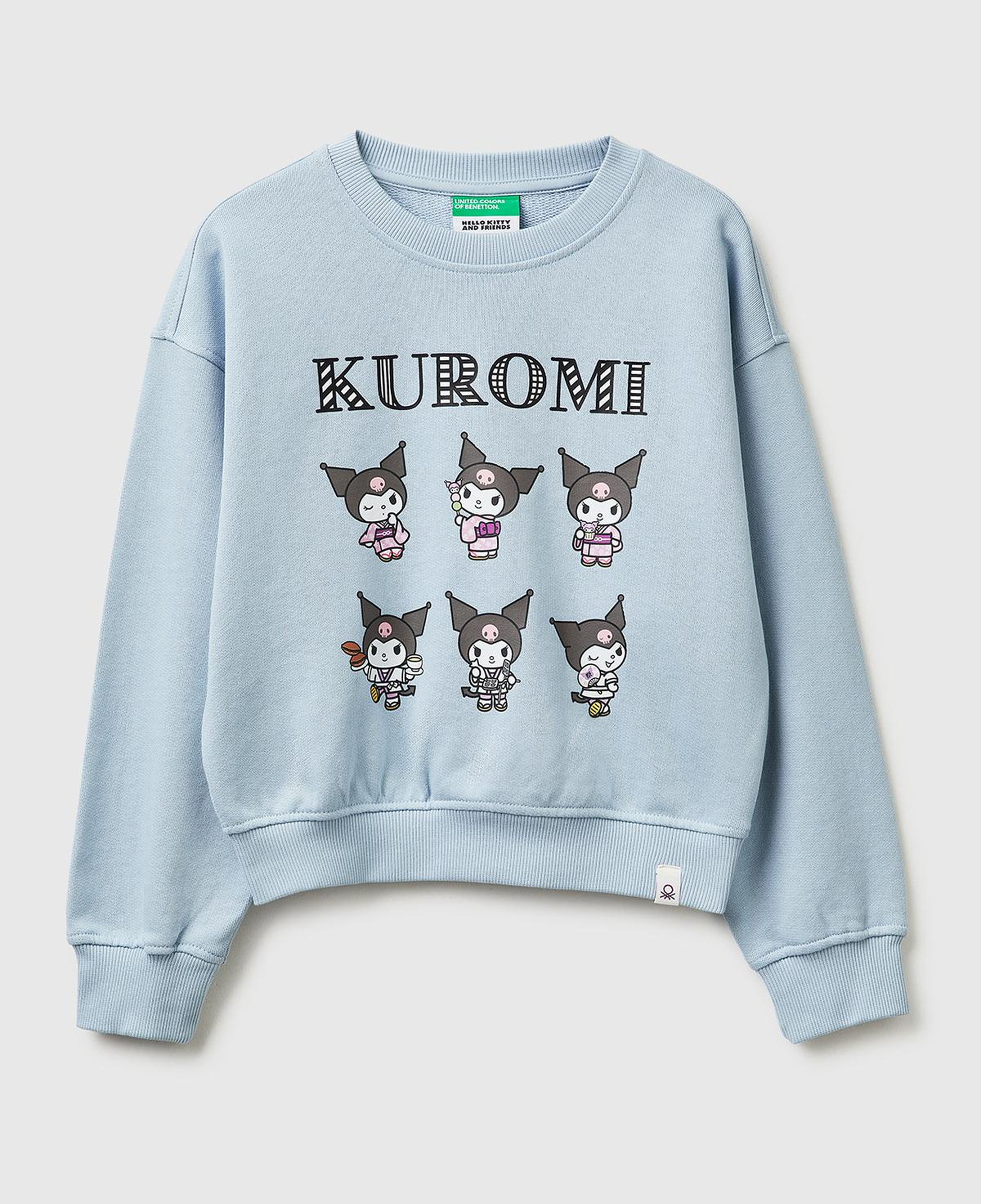 Kız Çocuk Buz Mavisi Önü ve Arkası Baskılı Etek Ucu Logolu Bisiklet Yaka Sweatshirt
