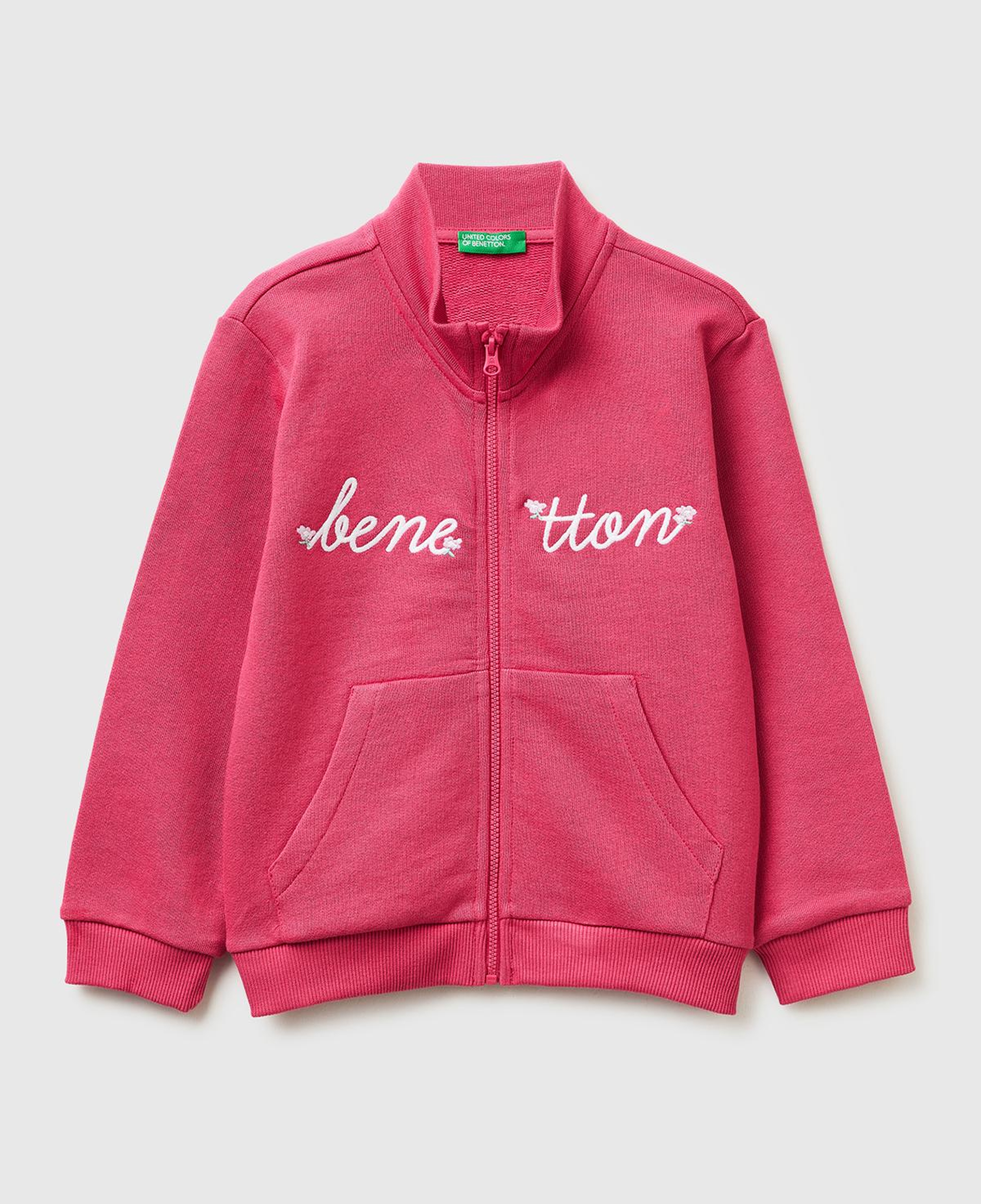 Kız Çocuk Koyu Pembe Simli Grafik Baskılı Logolu Cepli Fermuarlı Sweatshirt