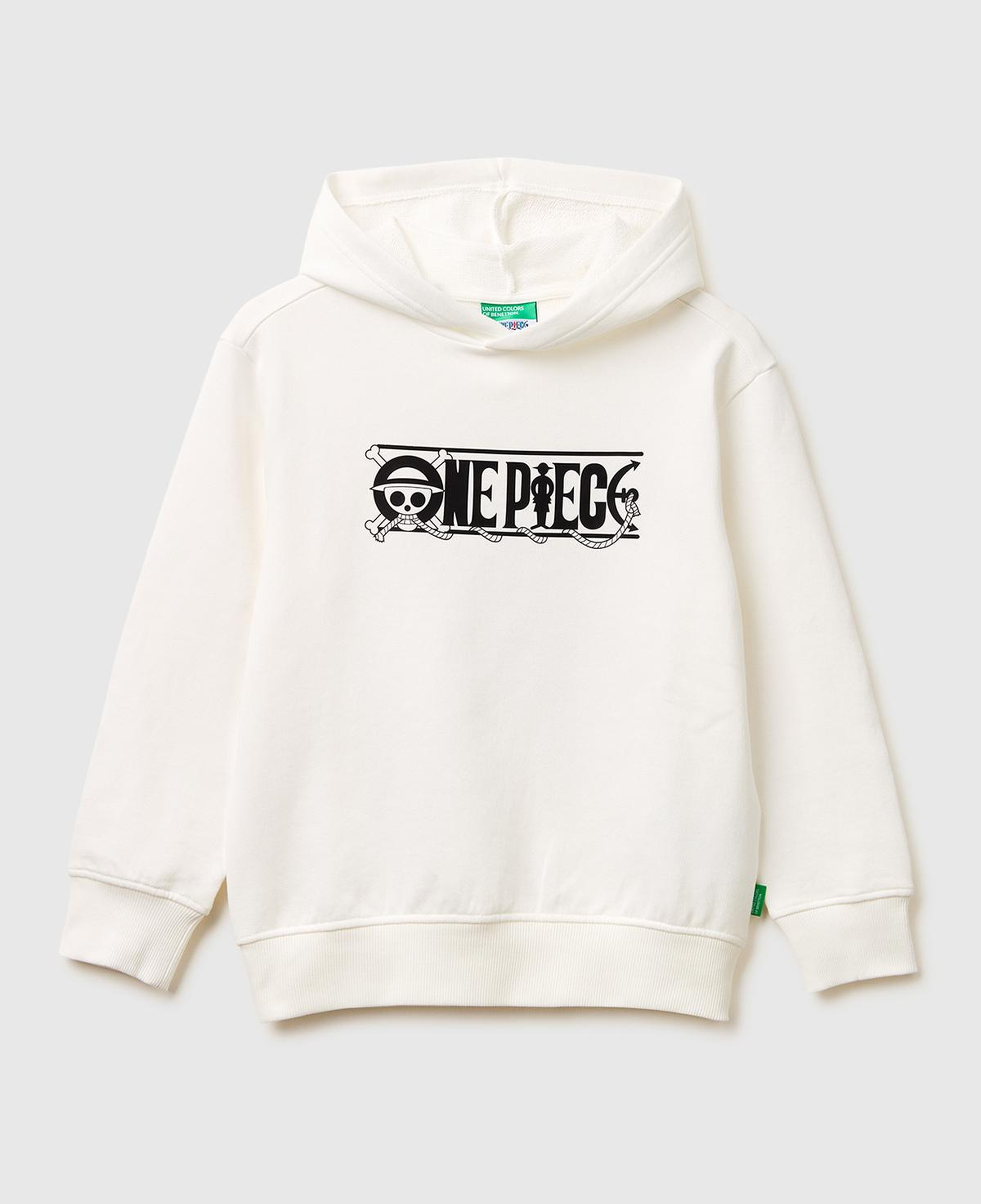 Erkek Çocuk Beyaz Önü ve Arkası One Piece Baskılı Kapüşonlu Sweatshirt