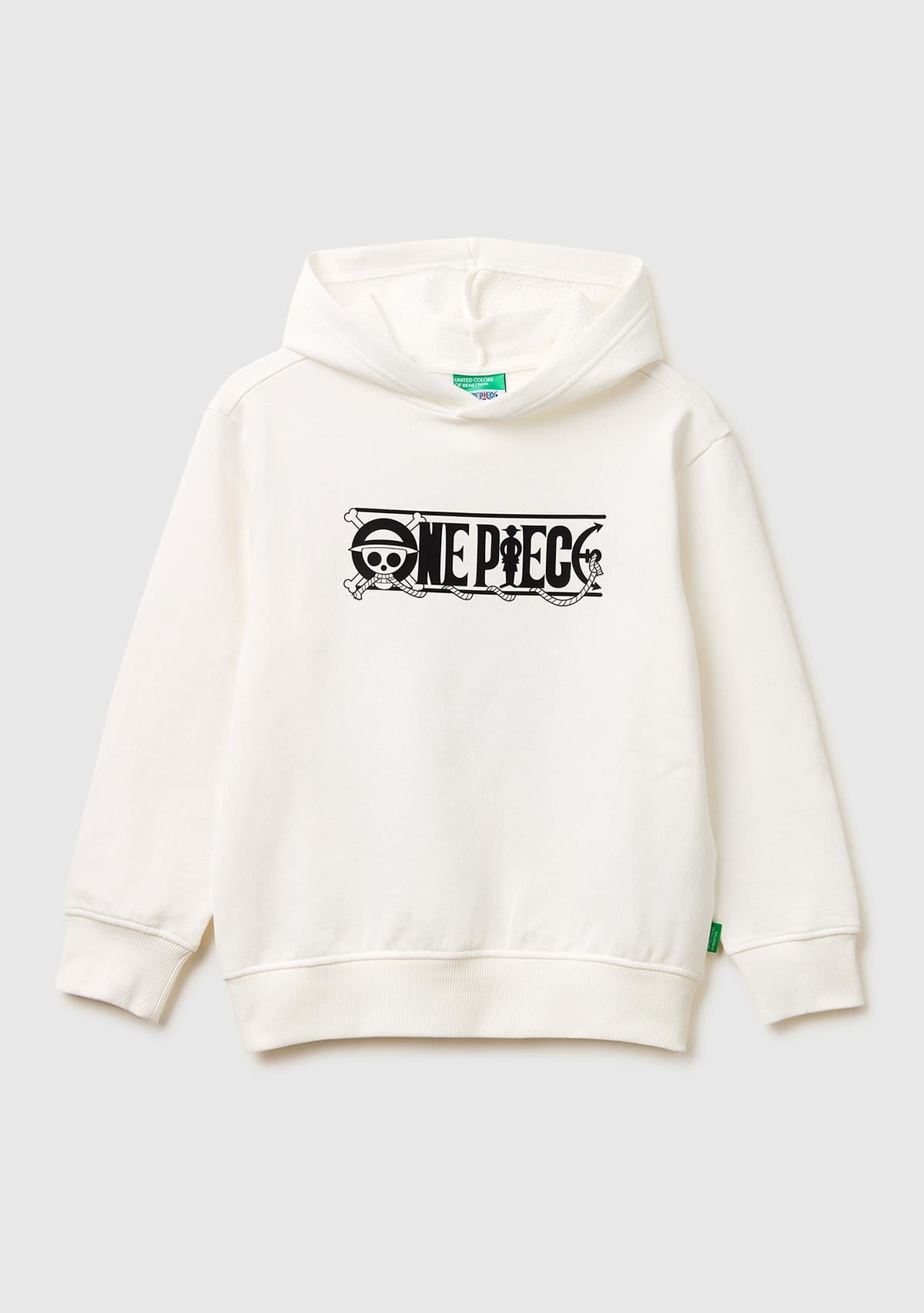 Erkek Çocuk Beyaz Önü ve Arkası One Piece Baskılı Kapüşonlu Sweatshirt