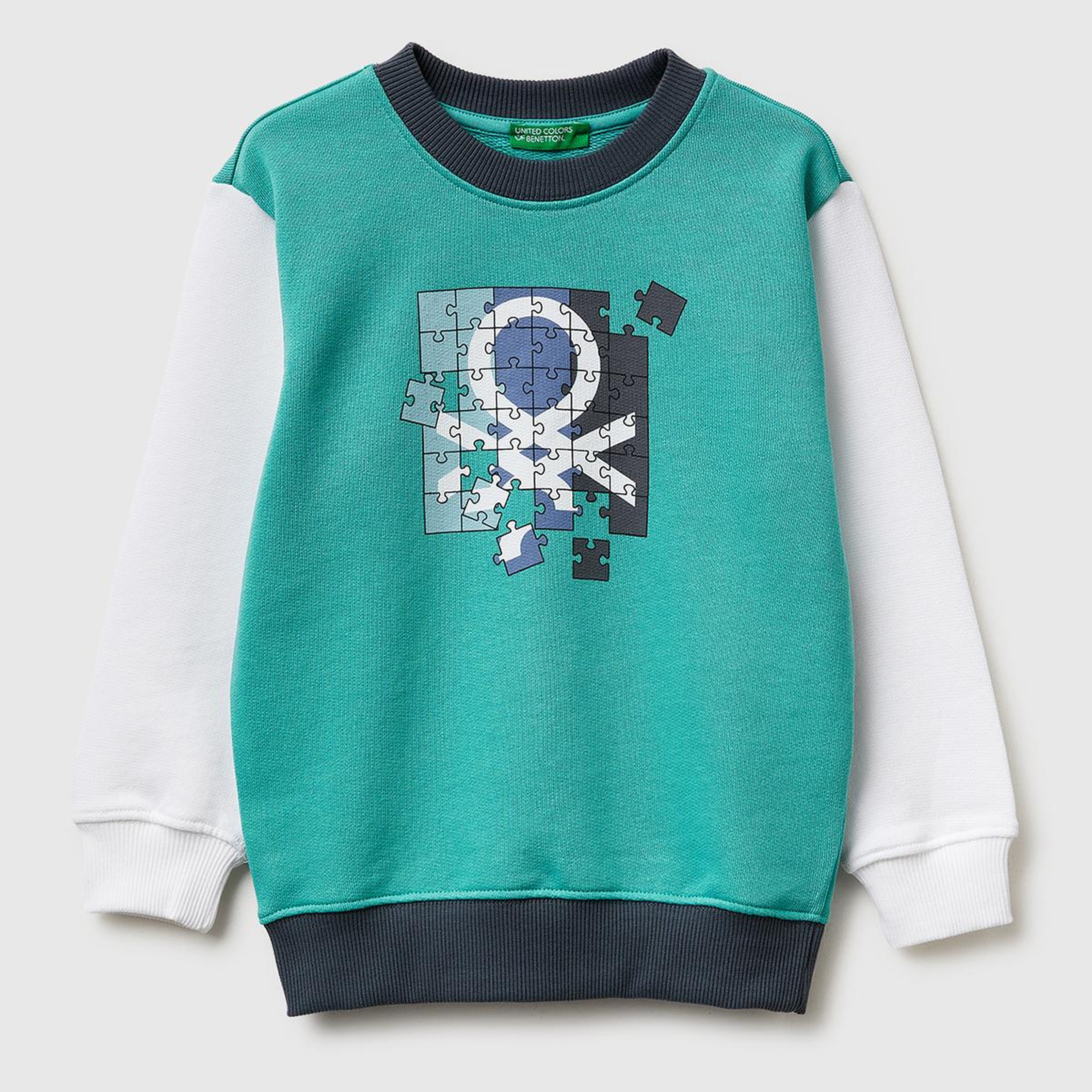 Erkek Çocuk Turkuaz Mix Önü Logo Baskılı Yuvarlak Yaka Sweatshirt