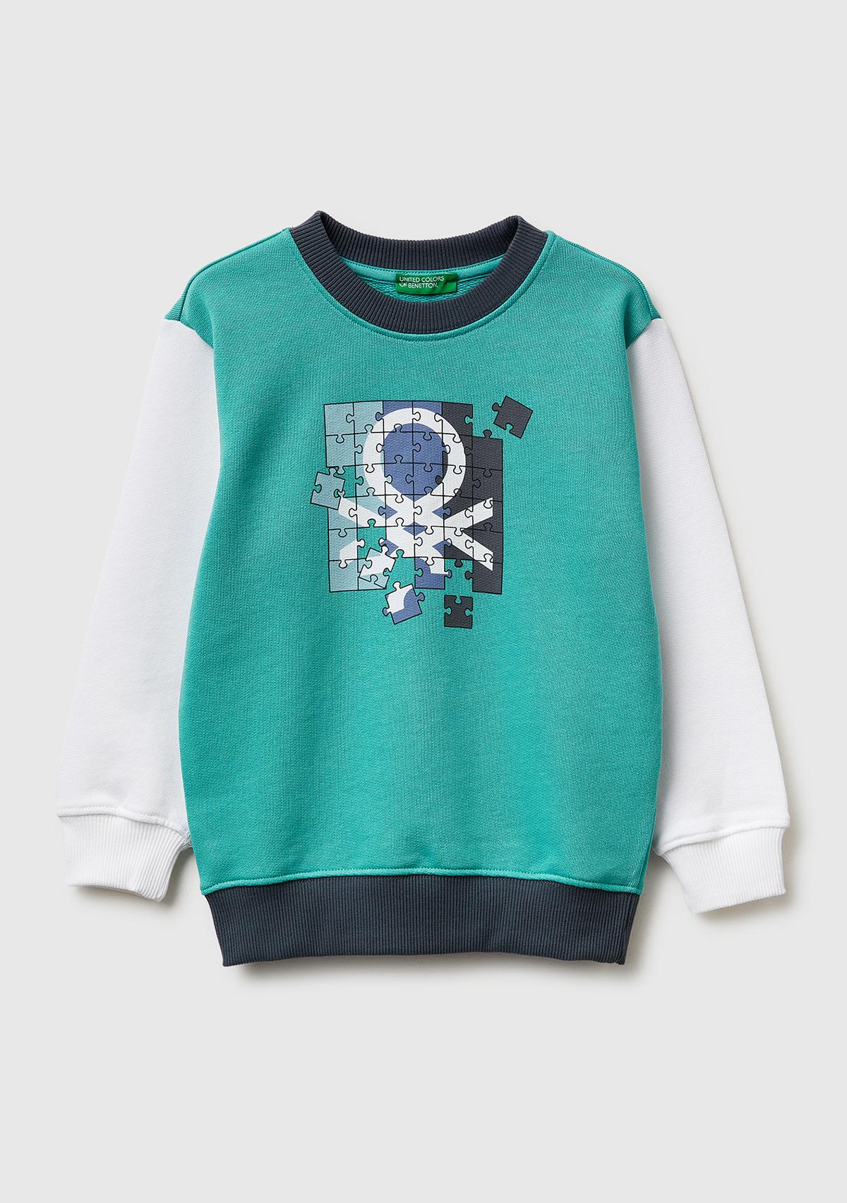 Erkek Çocuk Turkuaz Mix Önü Logo Baskılı Yuvarlak Yaka Sweatshirt