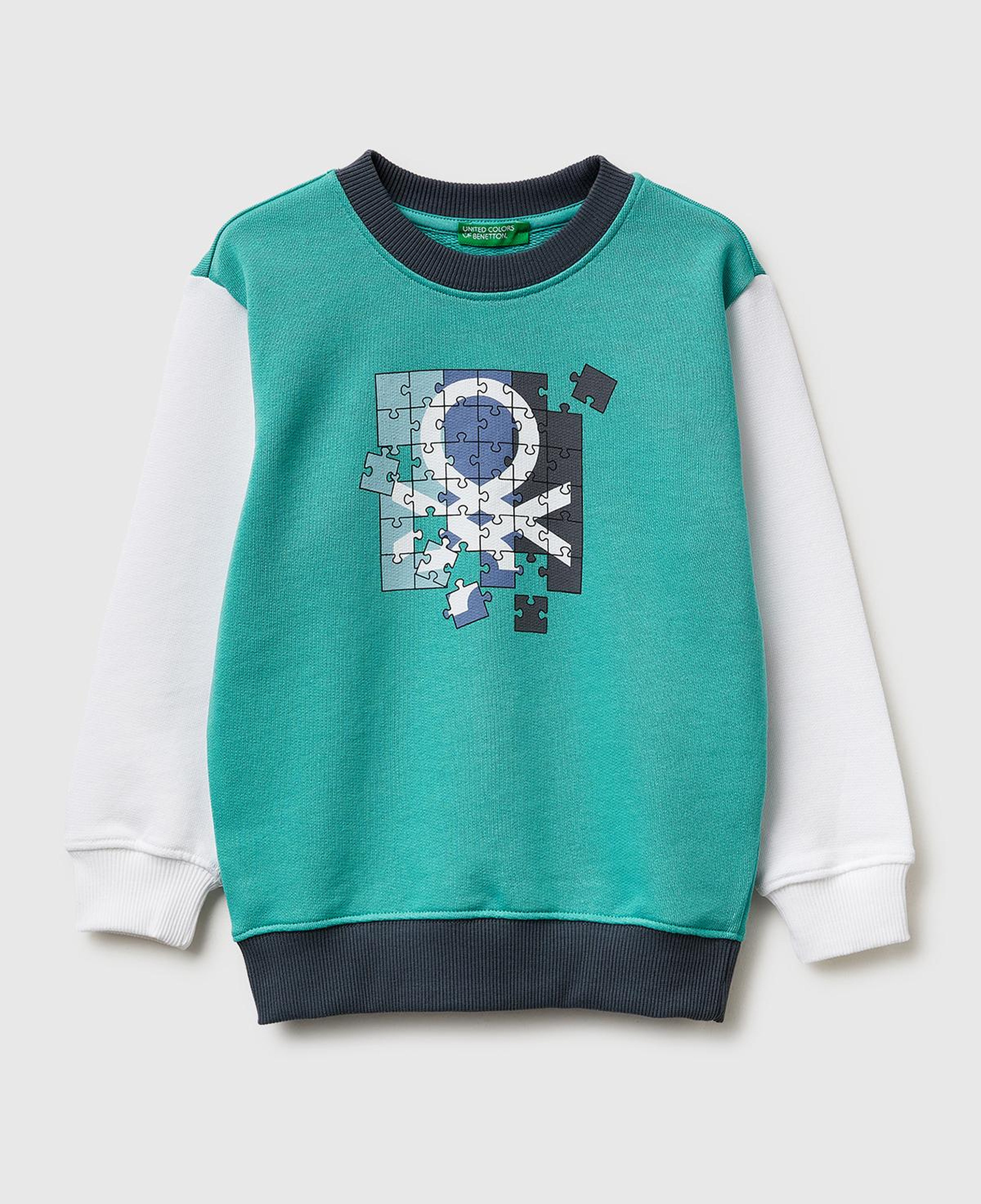 Erkek Çocuk Turkuaz Mix Önü Logo Baskılı Yuvarlak Yaka Sweatshirt