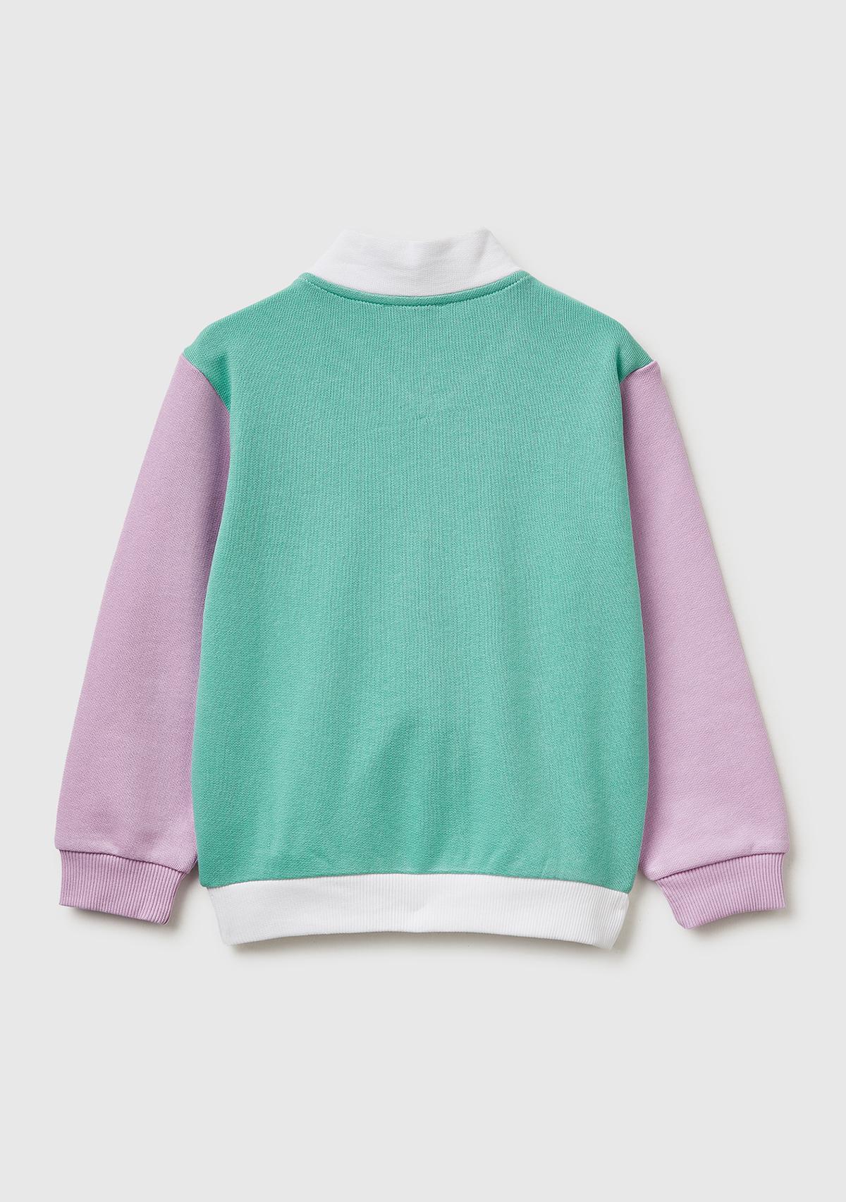 Kız Çocuk Beyaz Mix Simli Grafik Baskılı Logolu Cepli Fermuarlı Sweatshirt
