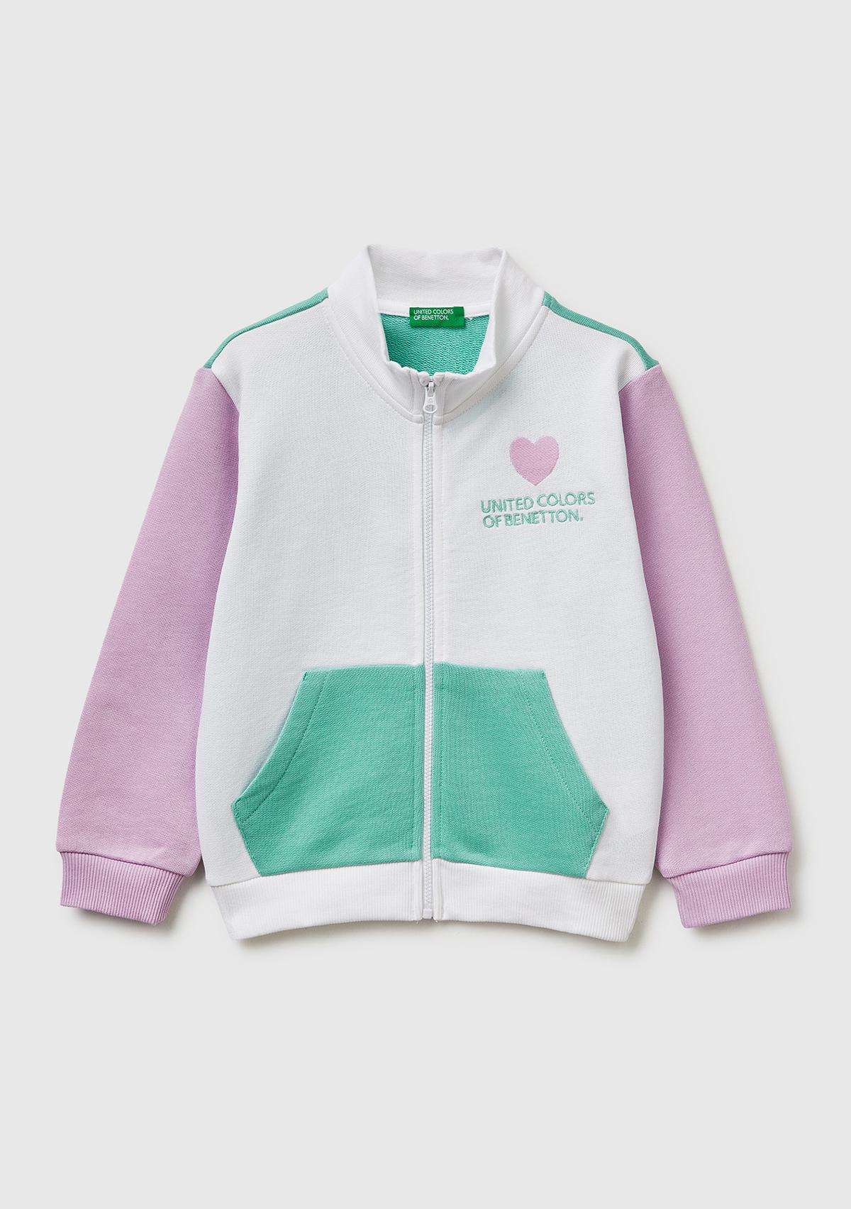 Kız Çocuk Beyaz Mix Simli Grafik Baskılı Logolu Cepli Fermuarlı Sweatshirt