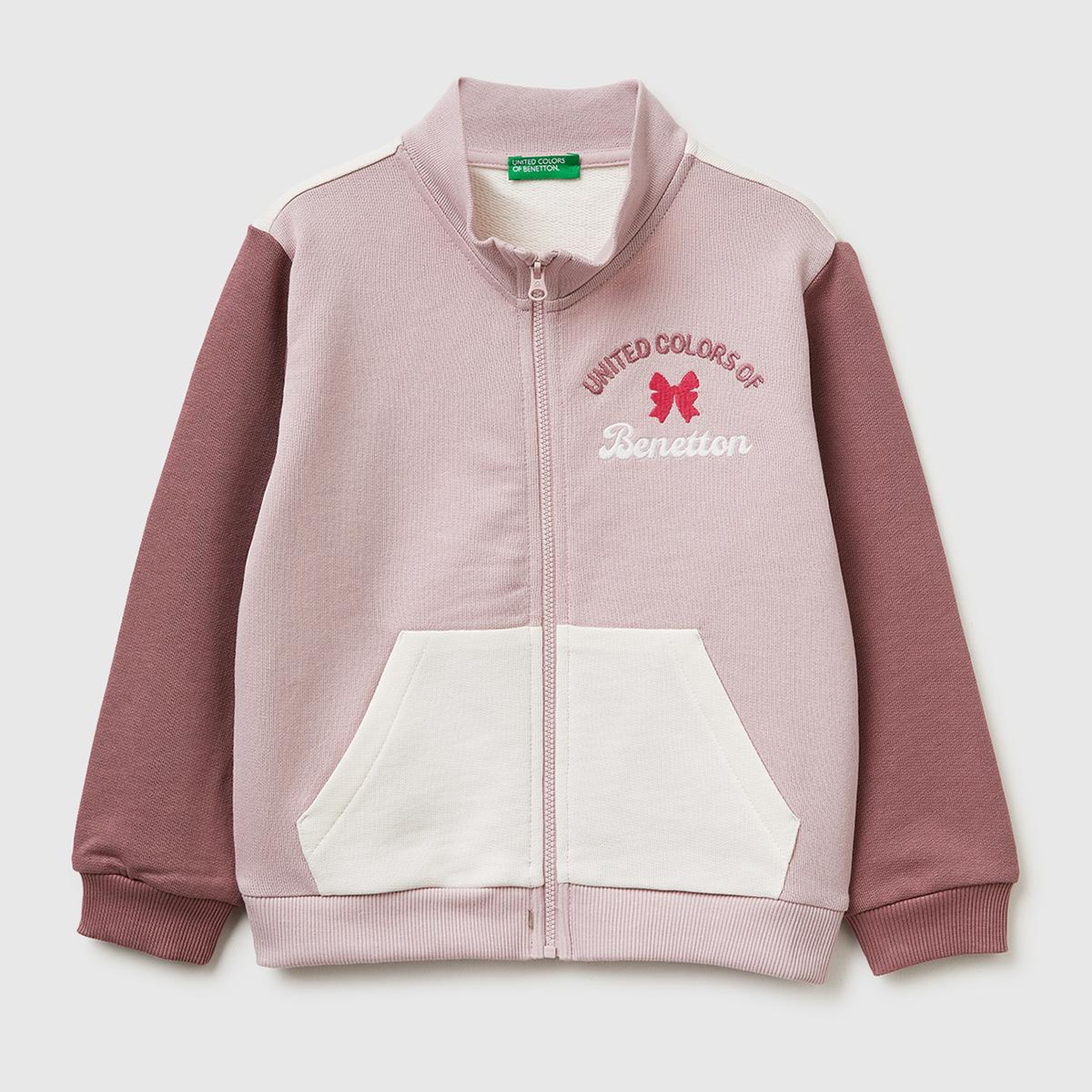 Kız Çocuk Gül Kurusu Simli Grafik Baskılı Logolu Cepli Fermuarlı Sweatshirt
