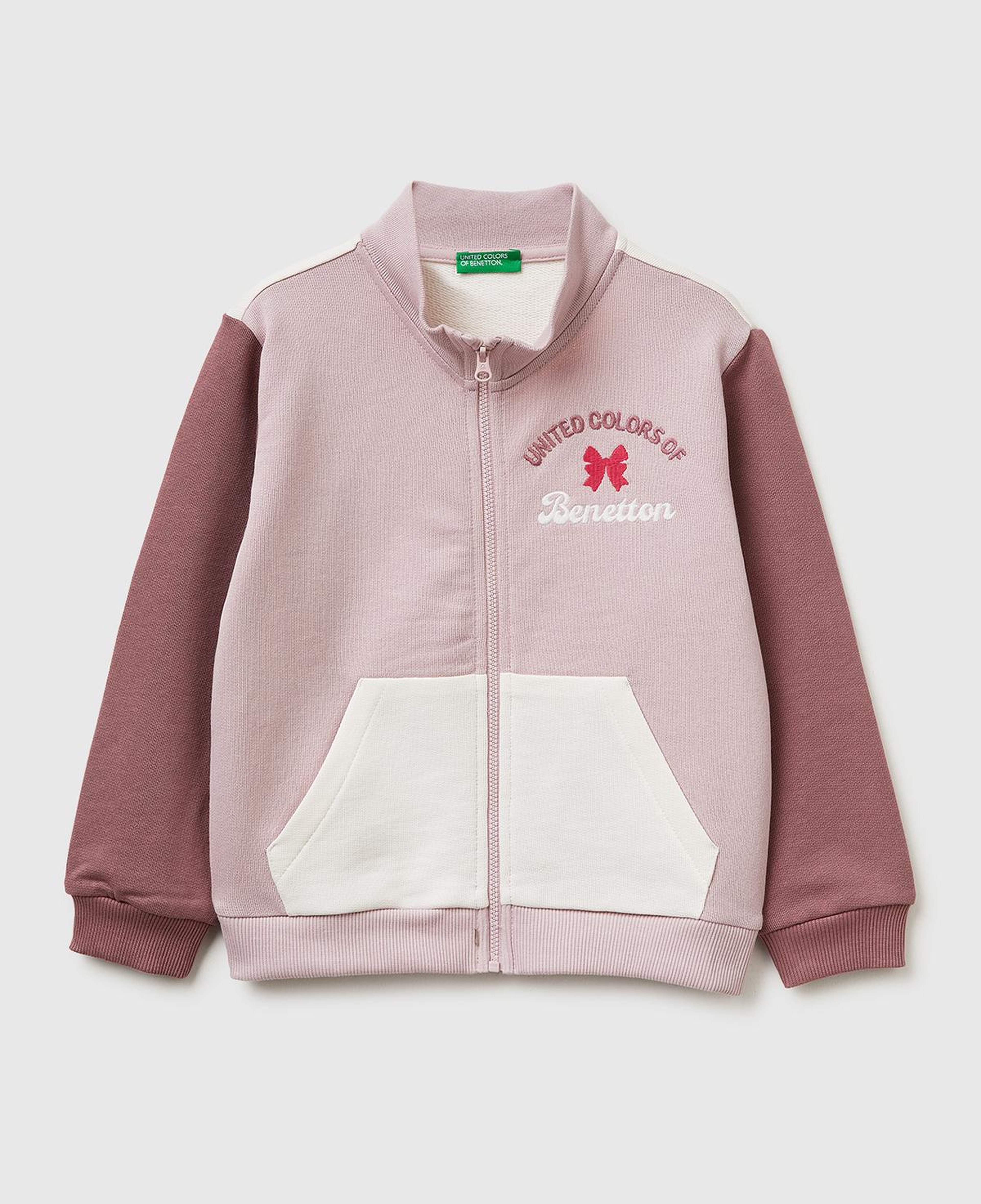 Kız Çocuk Gül Kurusu Simli Grafik Baskılı Logolu Cepli Fermuarlı Sweatshirt