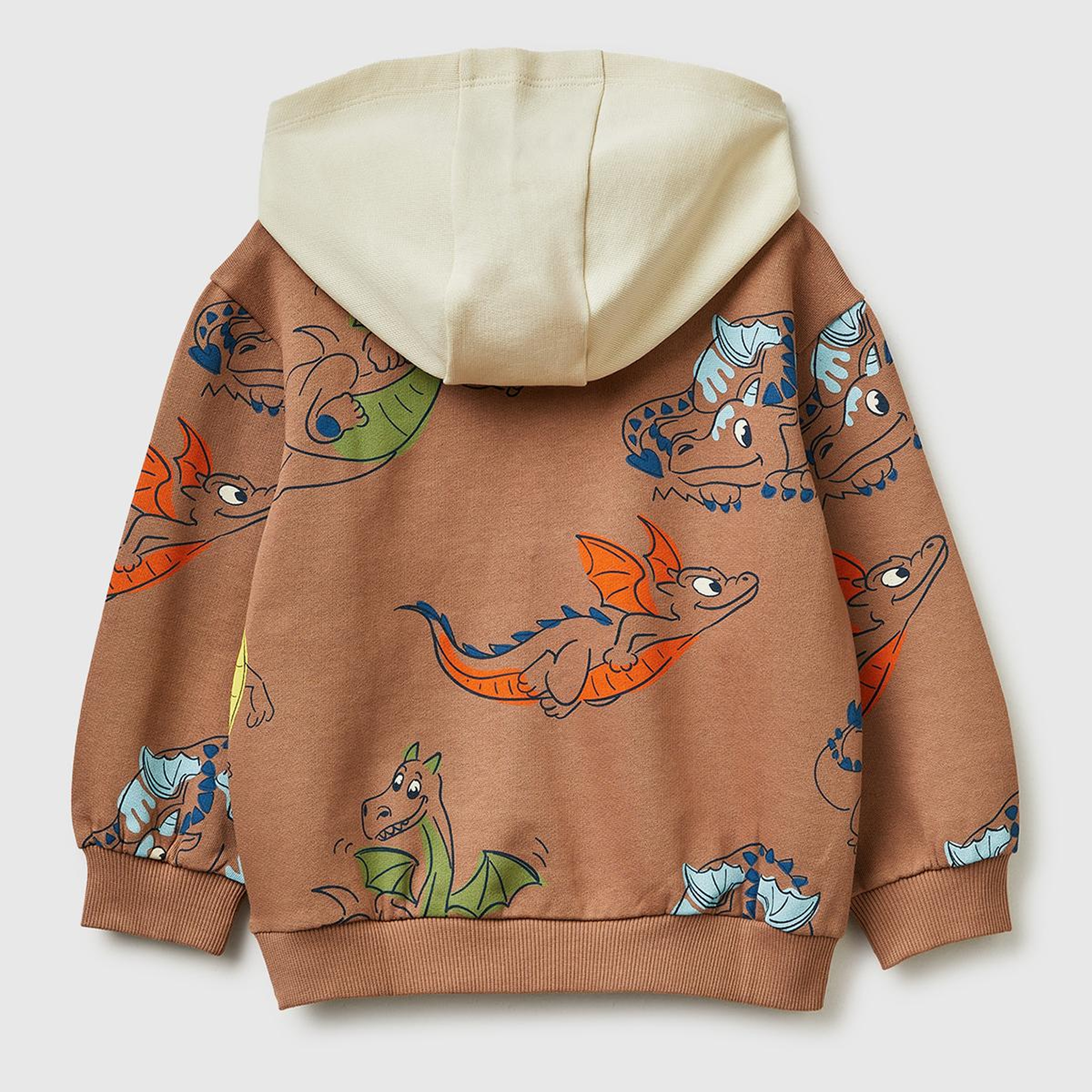 Erkek Çocuk Kahverengi Tamamı Desenli Logo Etiketli Bol Kalıp Kapüşonlu Sweatshirt