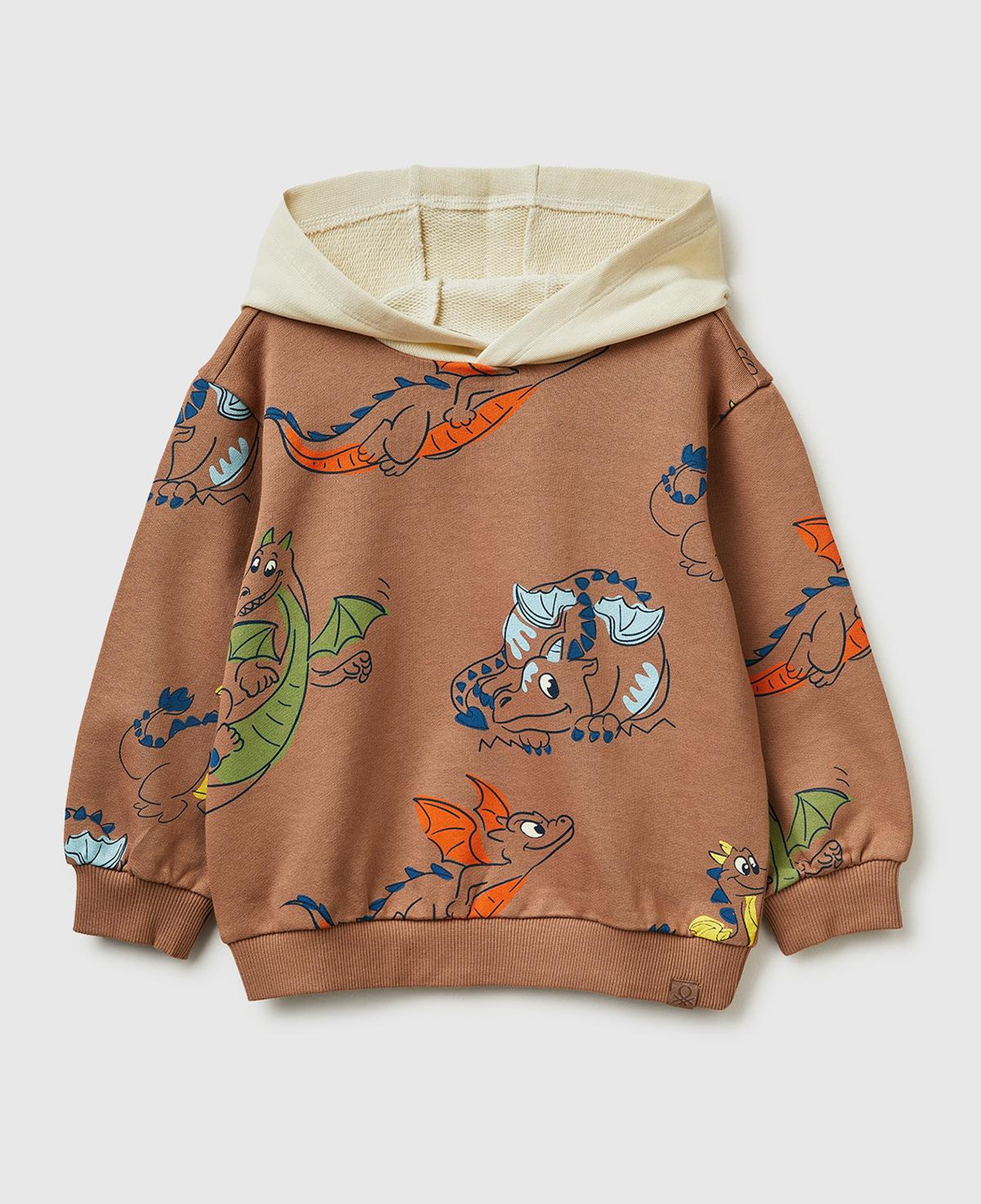 Erkek Çocuk Kahverengi Tamamı Desenli Logo Etiketli Bol Kalıp Kapüşonlu Sweatshirt