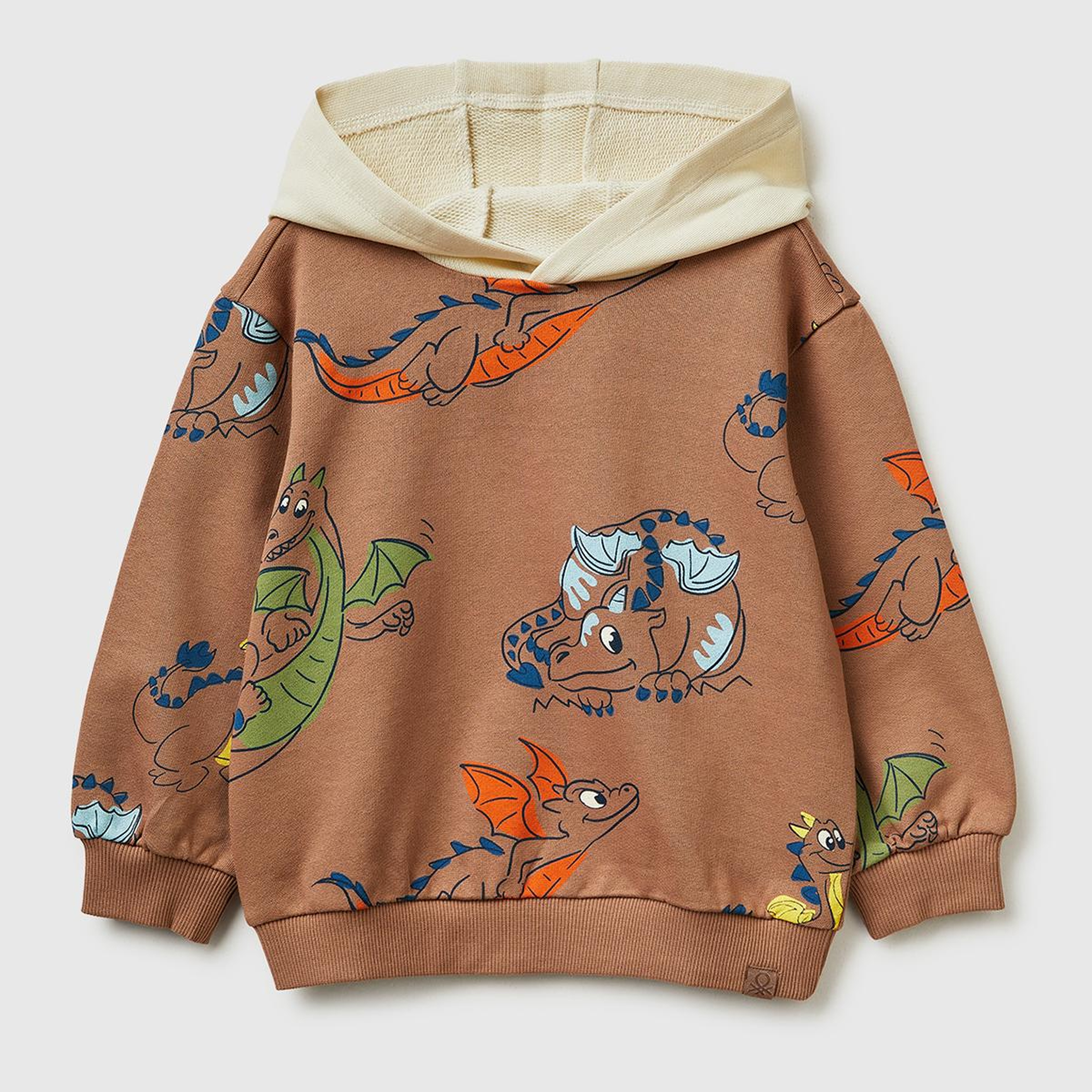 Erkek Çocuk Kahverengi Tamamı Desenli Logo Etiketli Bol Kalıp Kapüşonlu Sweatshirt