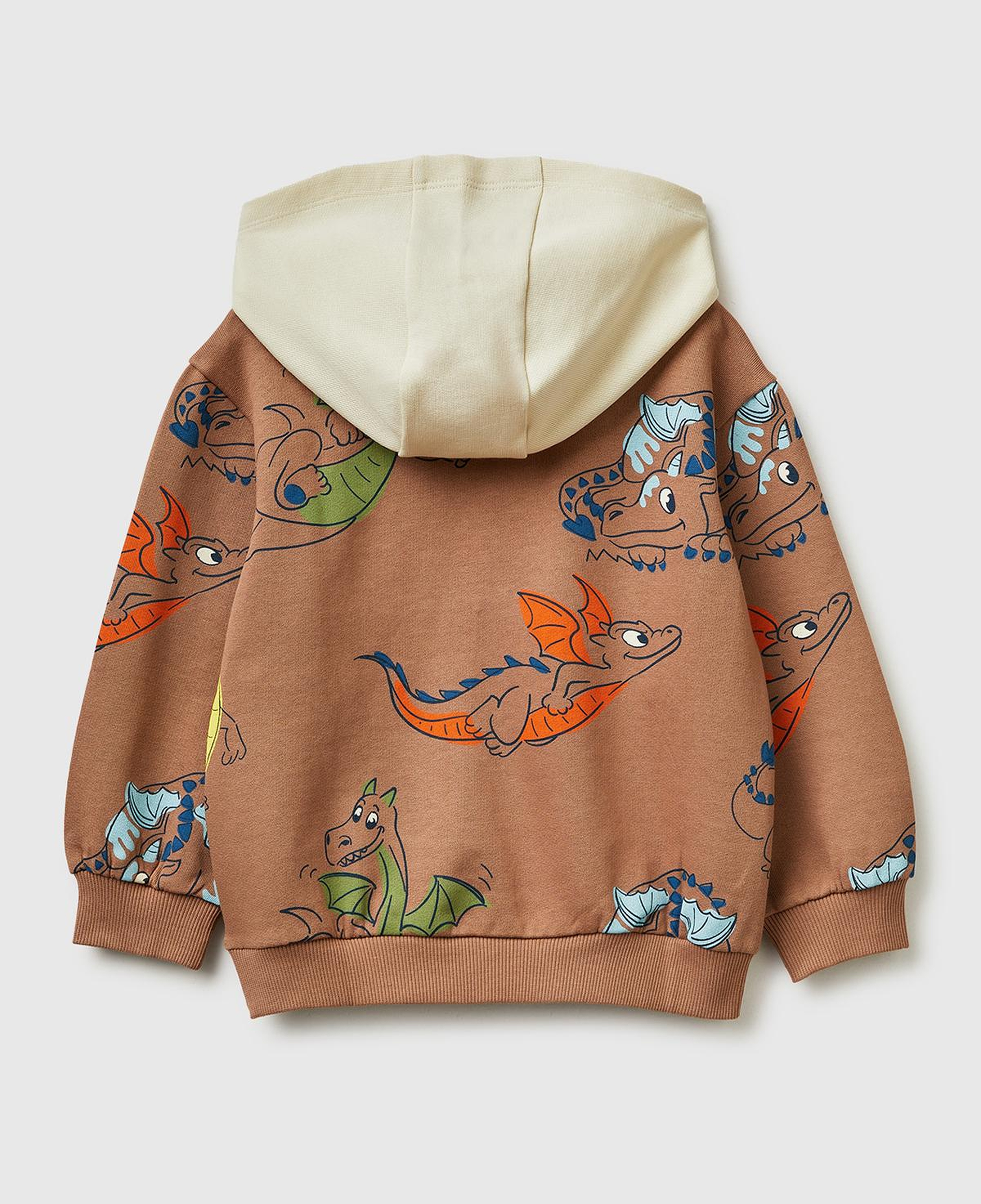 Erkek Çocuk Kahverengi Tamamı Desenli Logo Etiketli Bol Kalıp Kapüşonlu Sweatshirt