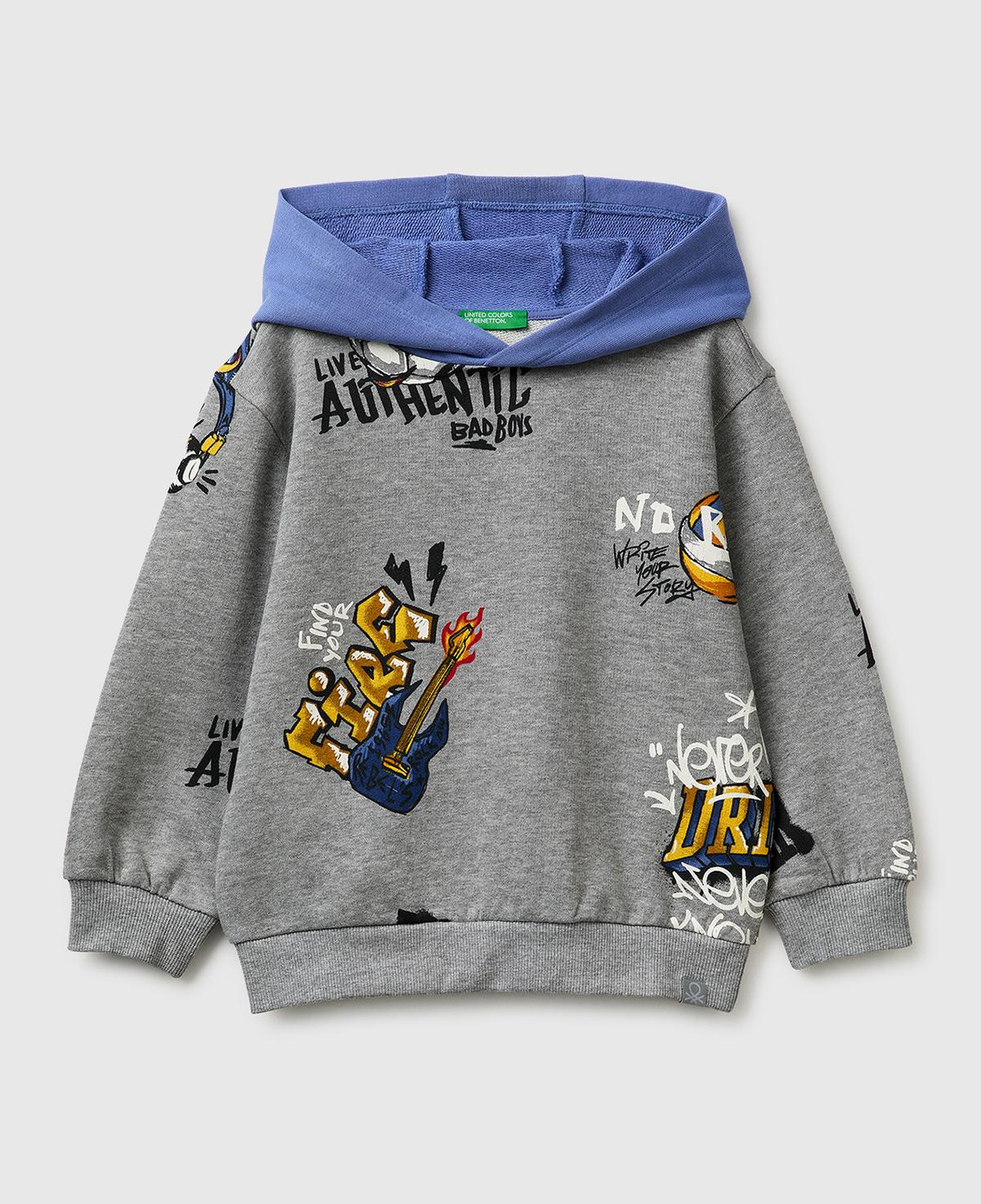 Erkek Çocuk Gri Mix Tamamı Desenli Logo Etiketli Bol Kalıp Kapüşonlu Sweatshirt