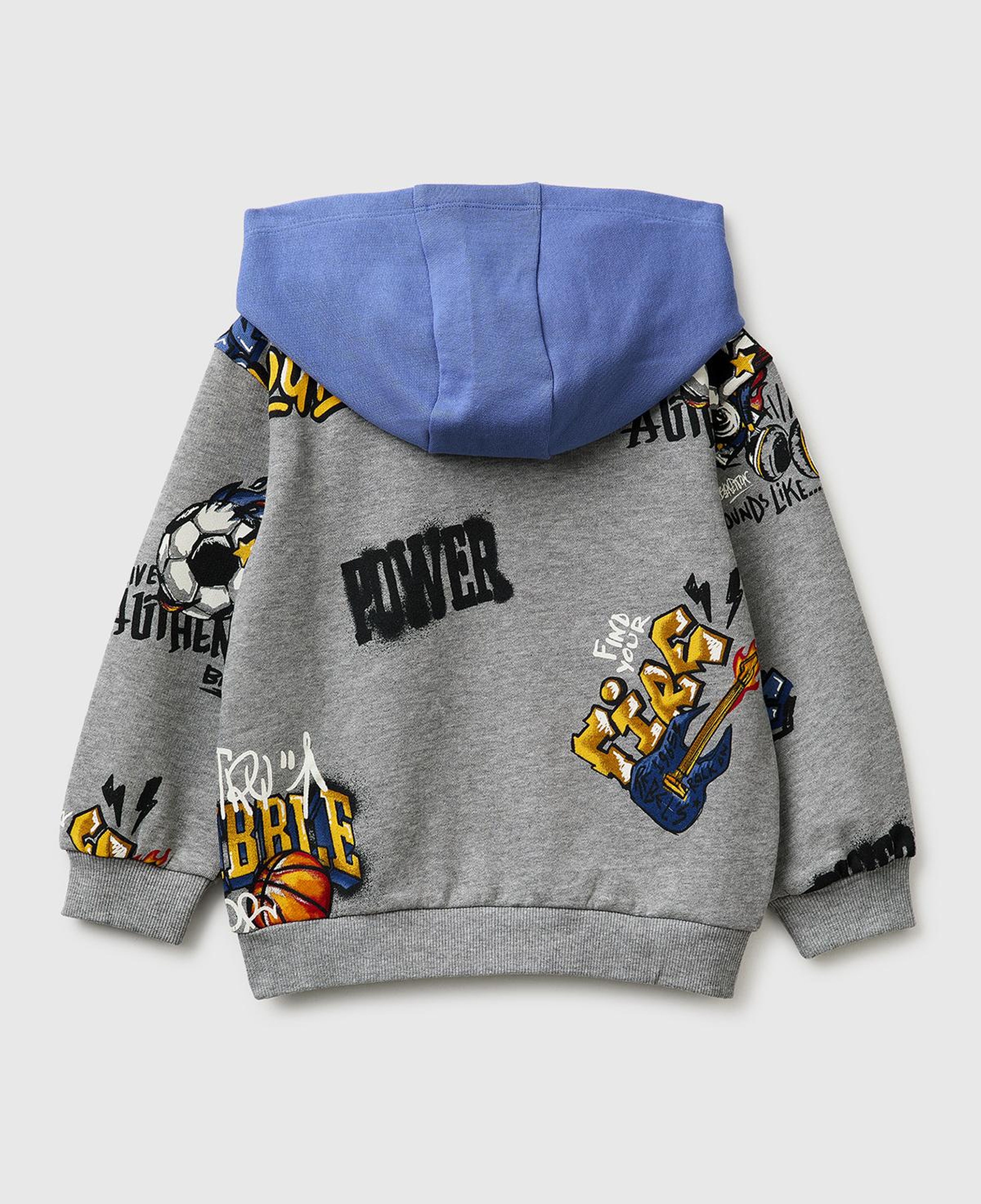 Erkek Çocuk Gri Mix Tamamı Desenli Logo Etiketli Bol Kalıp Kapüşonlu Sweatshirt