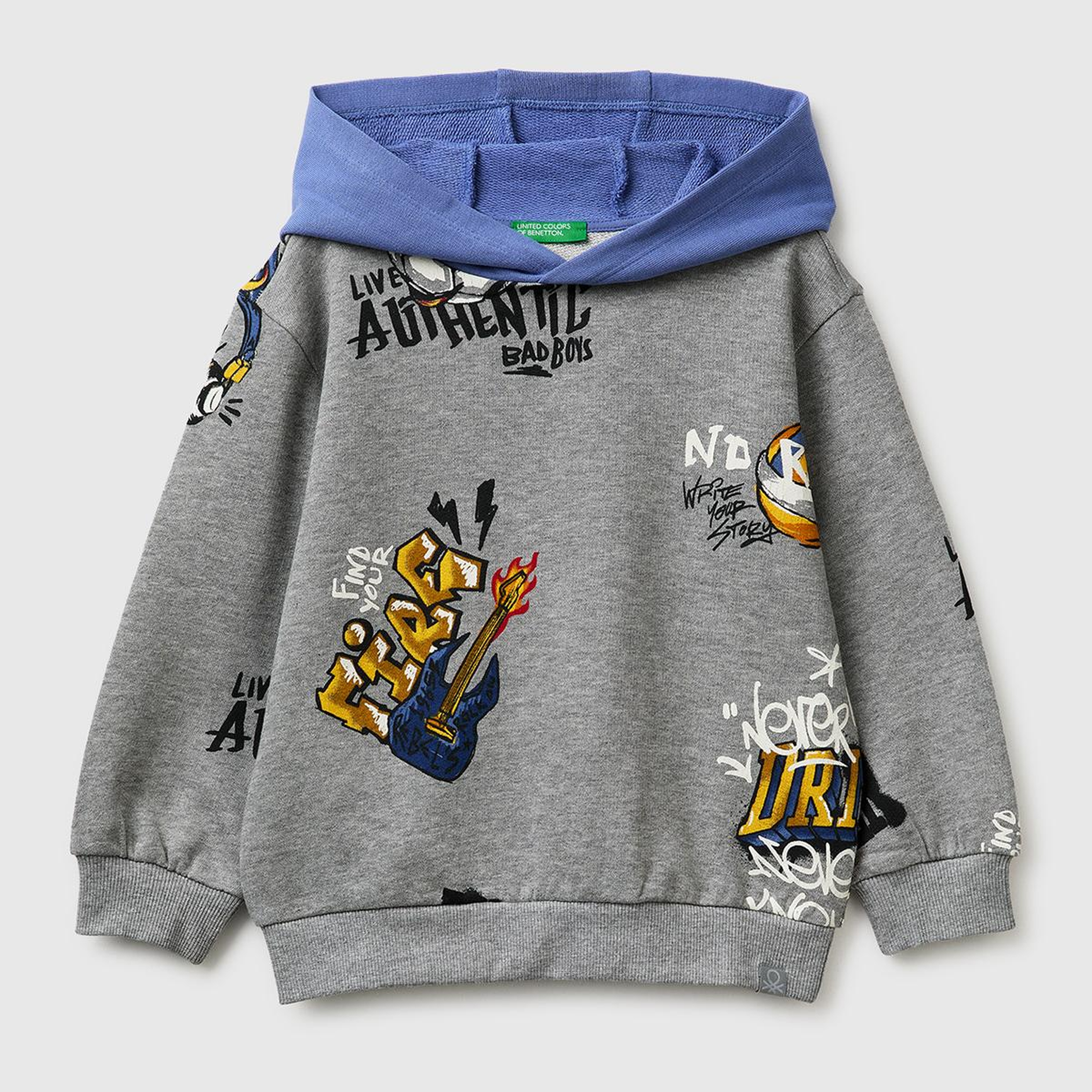 Erkek Çocuk Gri Mix Tamamı Desenli Logo Etiketli Bol Kalıp Kapüşonlu Sweatshirt