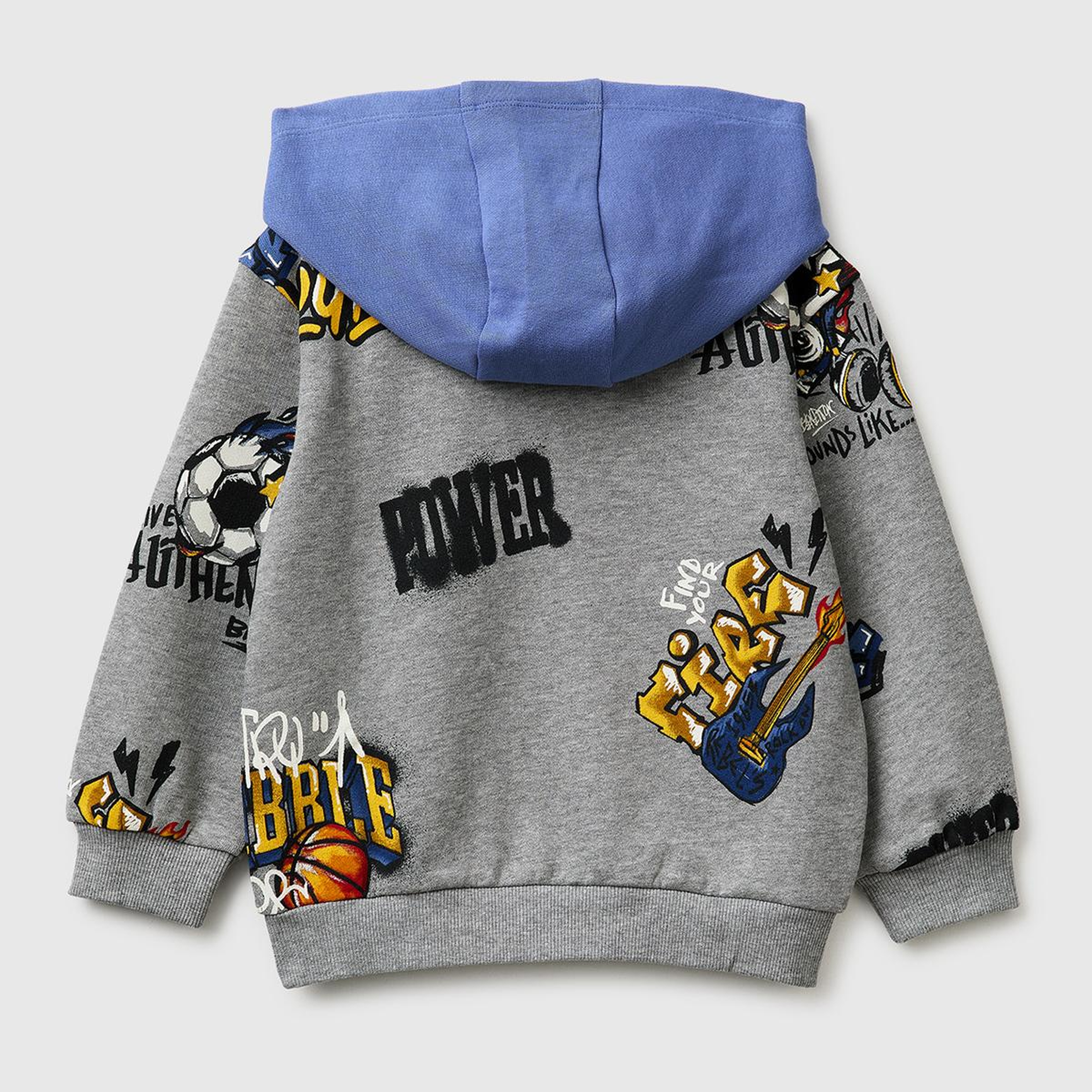 Erkek Çocuk Gri Mix Tamamı Desenli Logo Etiketli Bol Kalıp Kapüşonlu Sweatshirt