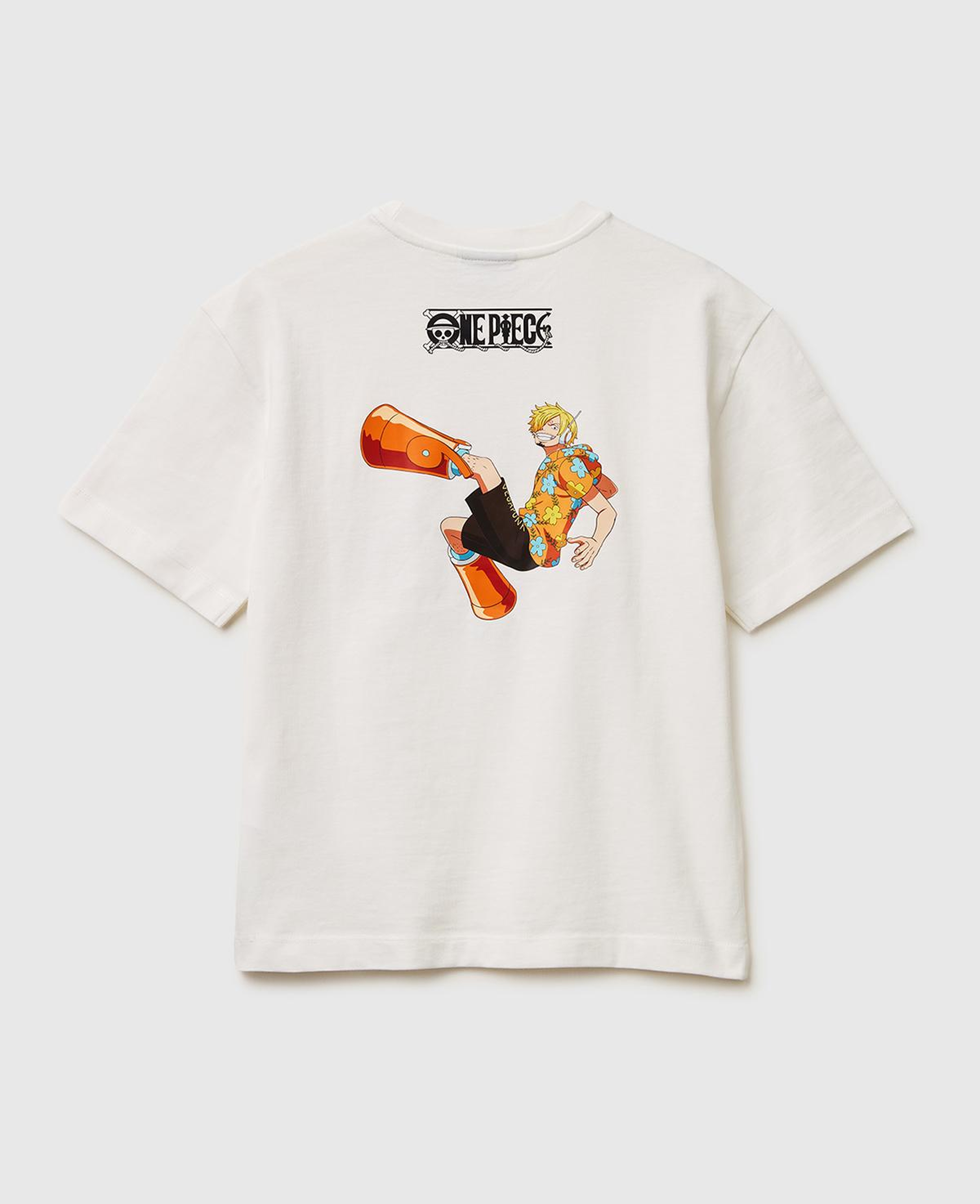 Erkek Çocuk Beyaz Önü ve Arkası One Piece Baskılı Bisiklet Yaka T-Shirt