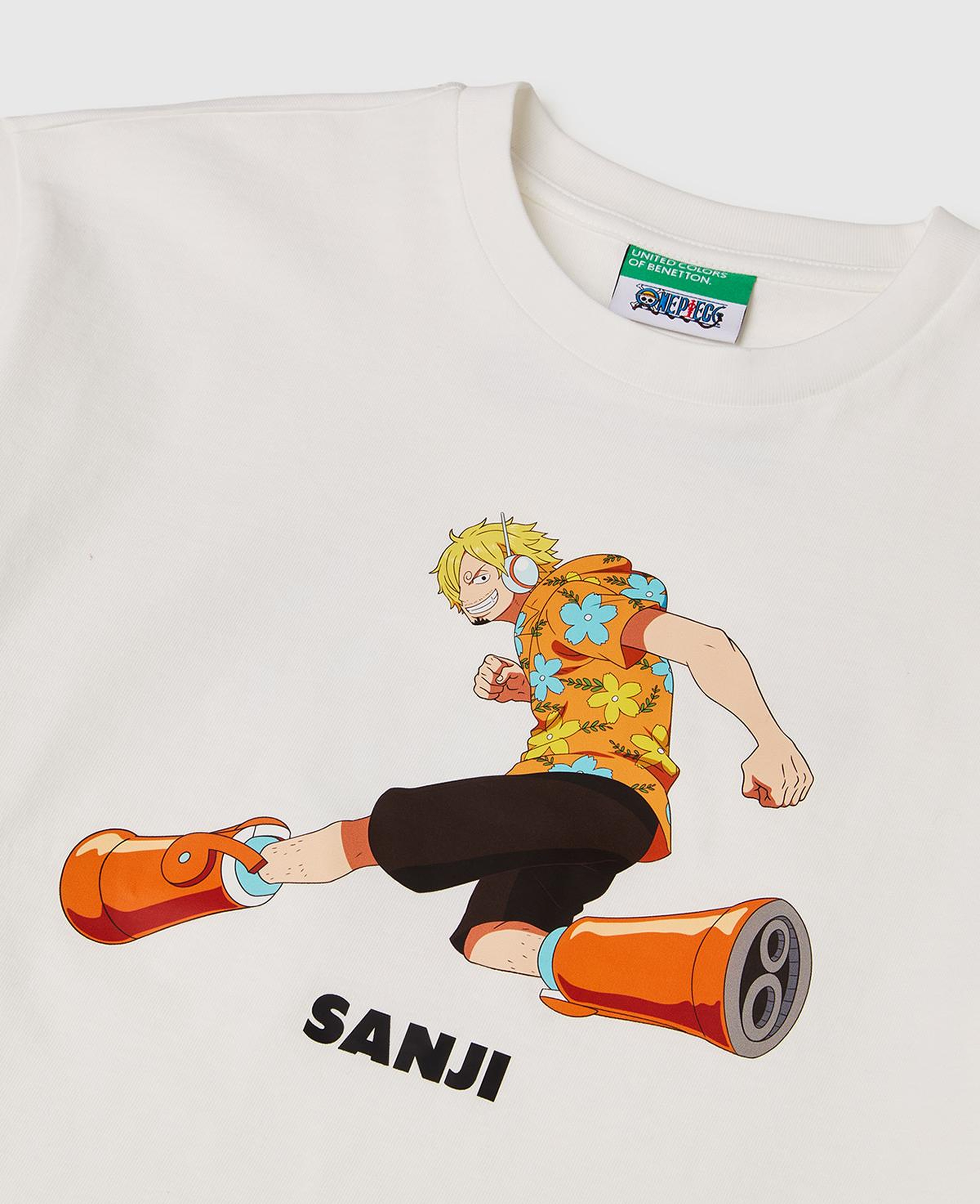 Erkek Çocuk Beyaz Önü ve Arkası One Piece Baskılı Bisiklet Yaka T-Shirt