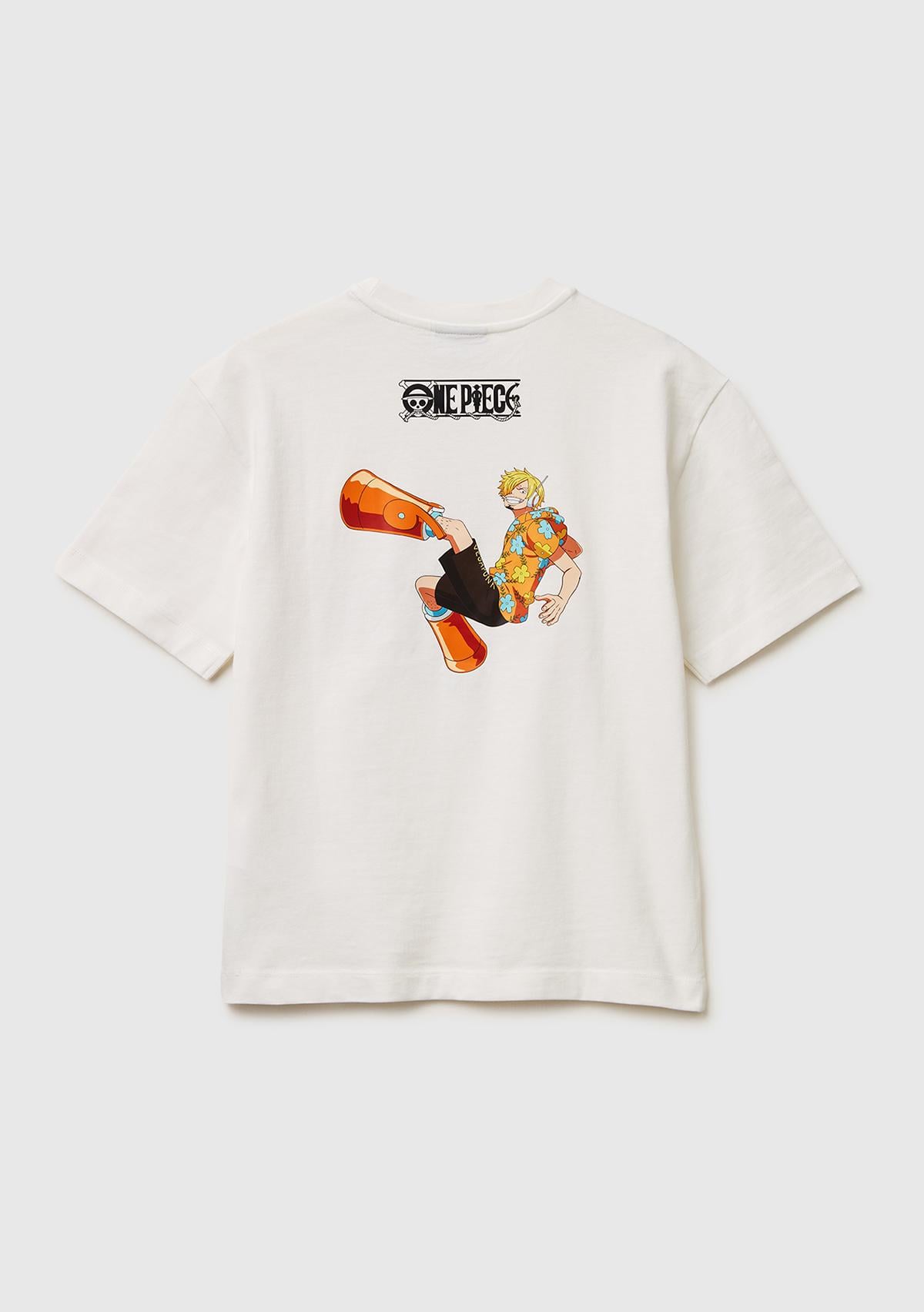 Erkek Çocuk Beyaz Önü ve Arkası One Piece Baskılı Bisiklet Yaka T-Shirt