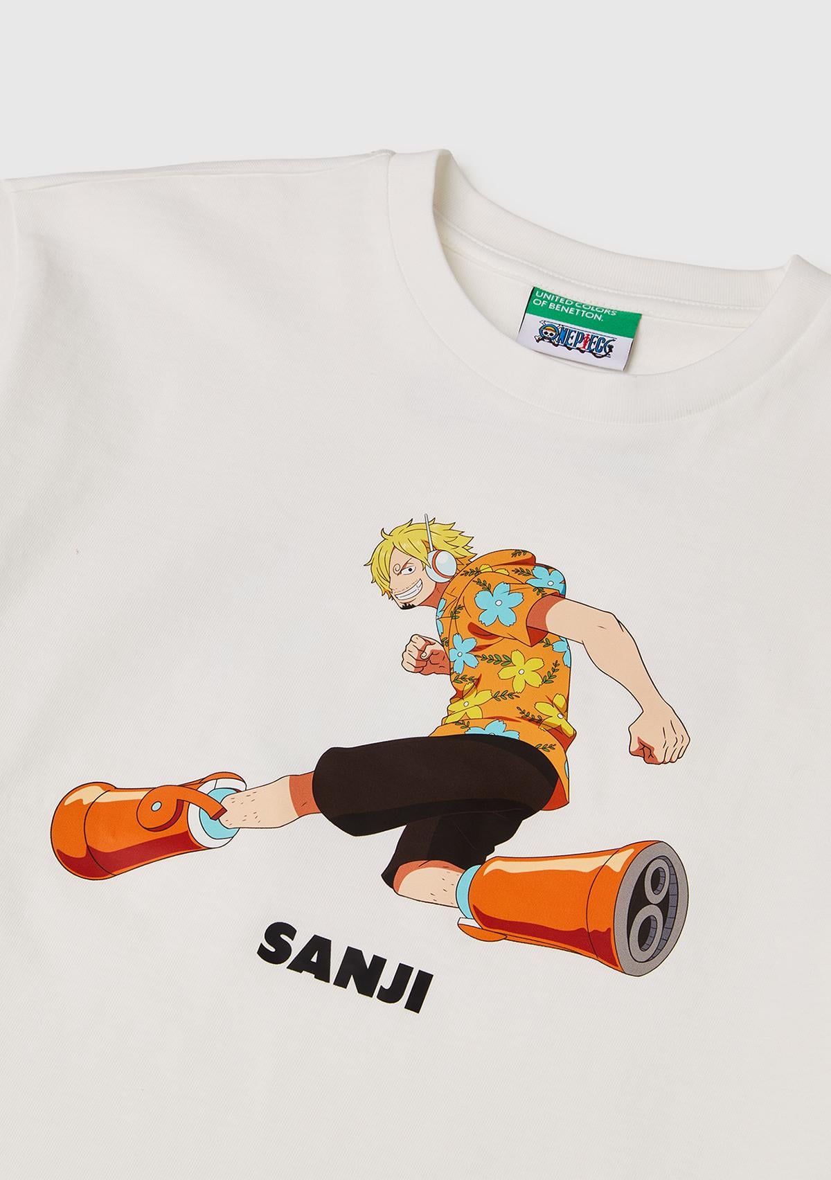 Erkek Çocuk Beyaz Önü ve Arkası One Piece Baskılı Bisiklet Yaka T-Shirt