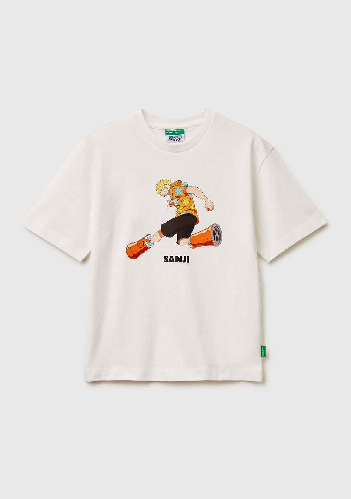 Erkek Çocuk Beyaz Önü ve Arkası One Piece Baskılı Bisiklet Yaka T-Shirt
