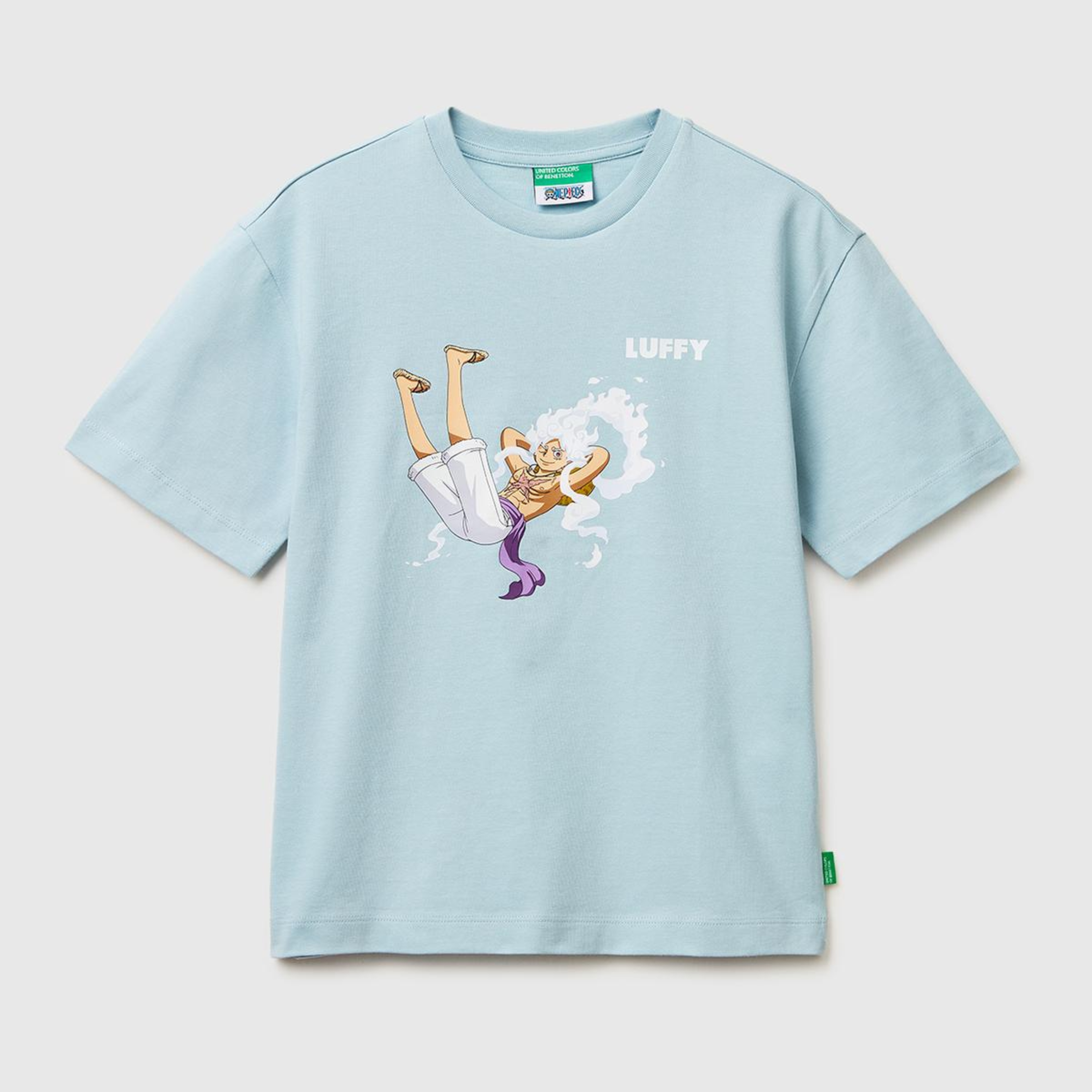 Erkek Çocuk Buz Mavisi Önü ve Arkası One Piece Baskılı Bisiklet Yaka T-Shirt