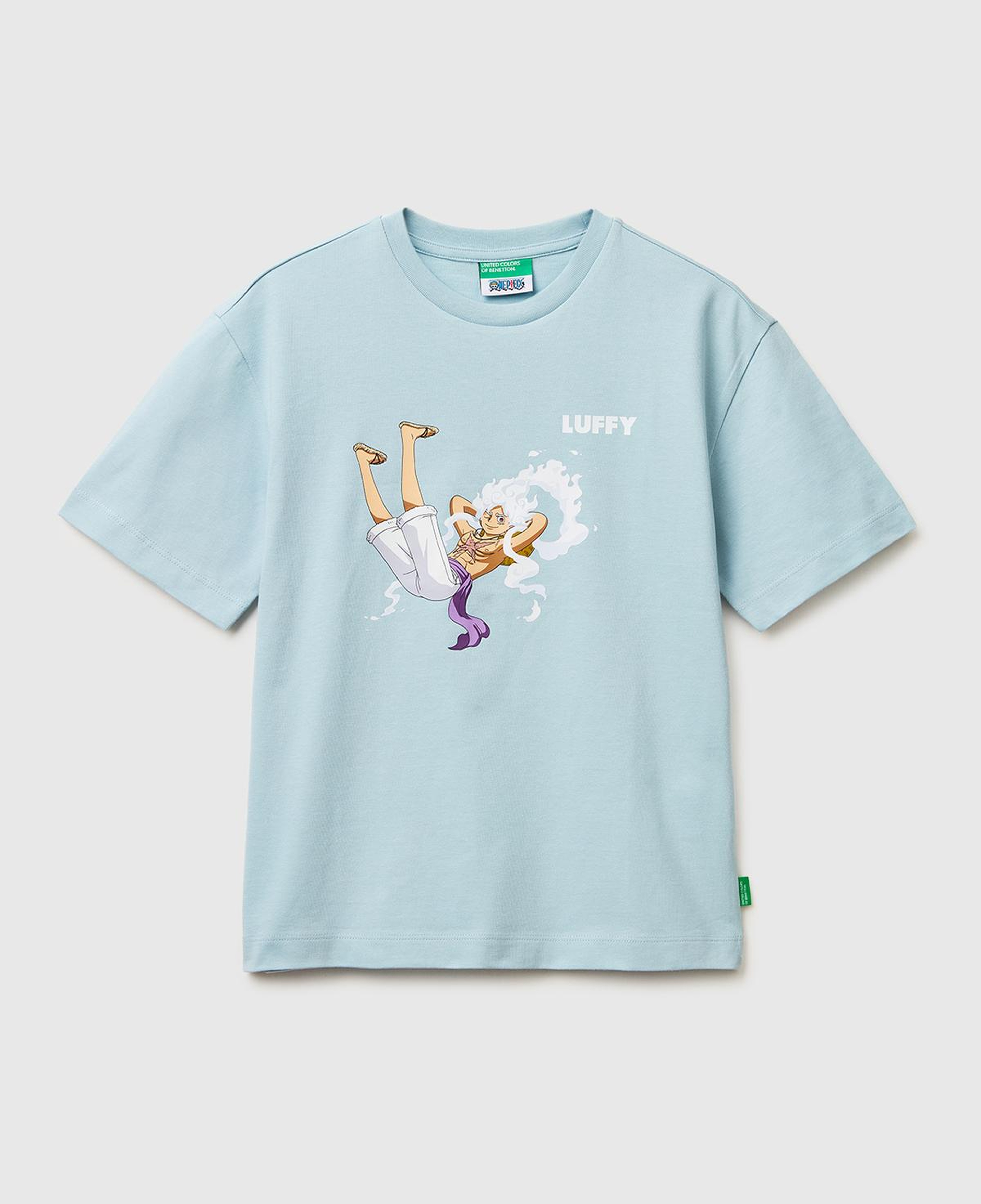 Erkek Çocuk Buz Mavisi Önü ve Arkası One Piece Baskılı Bisiklet Yaka T-Shirt