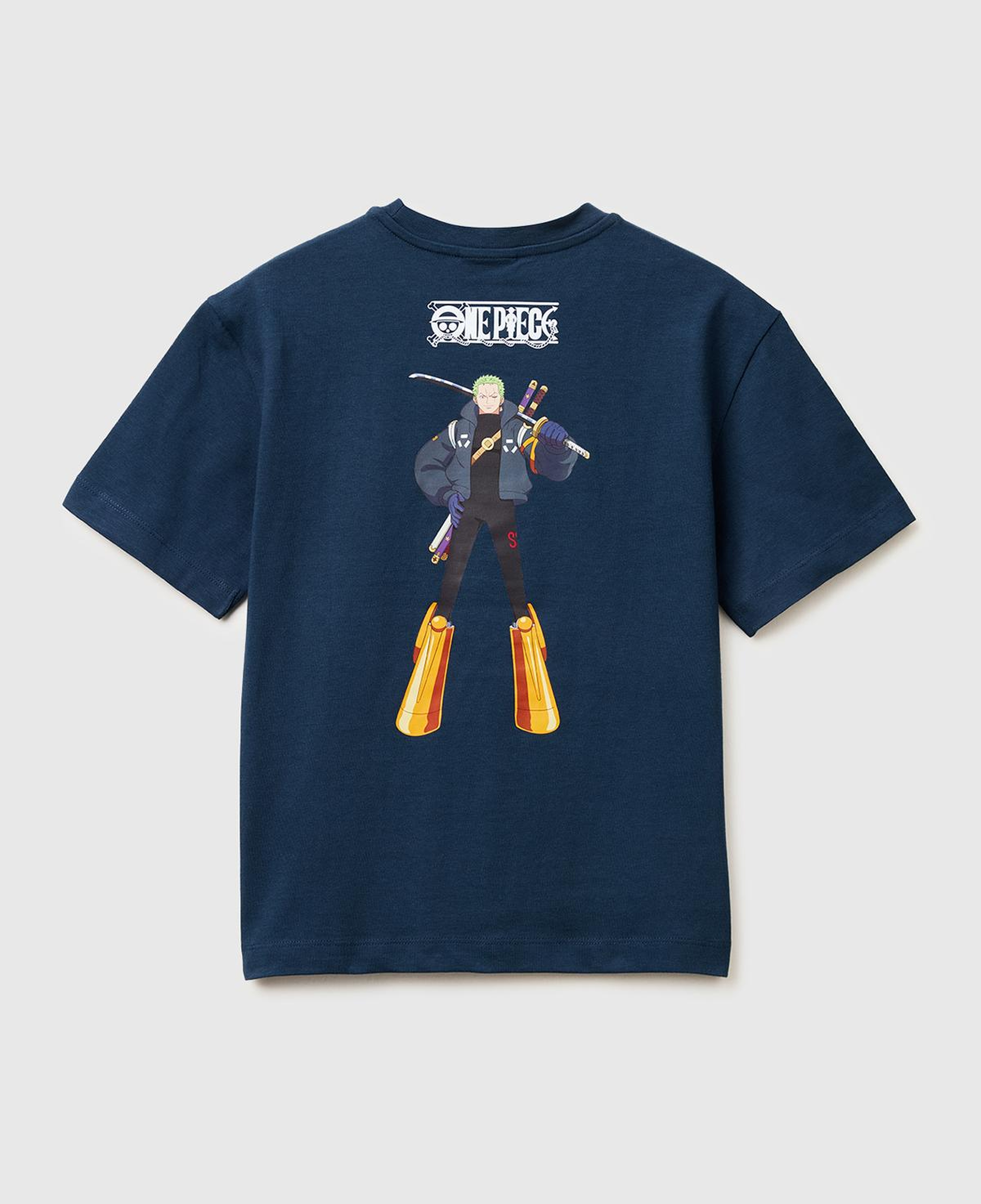 Erkek Çocuk Koyu Lacivert Önü ve Arkası One Piece Baskılı Bisiklet Yaka T-Shirt