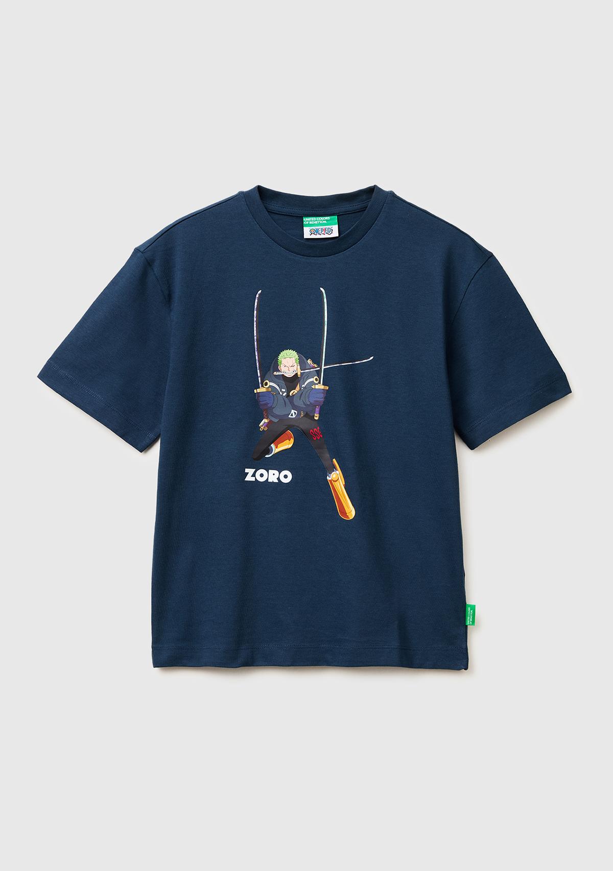 Erkek Çocuk Koyu Lacivert Önü ve Arkası One Piece Baskılı Bisiklet Yaka T-Shirt